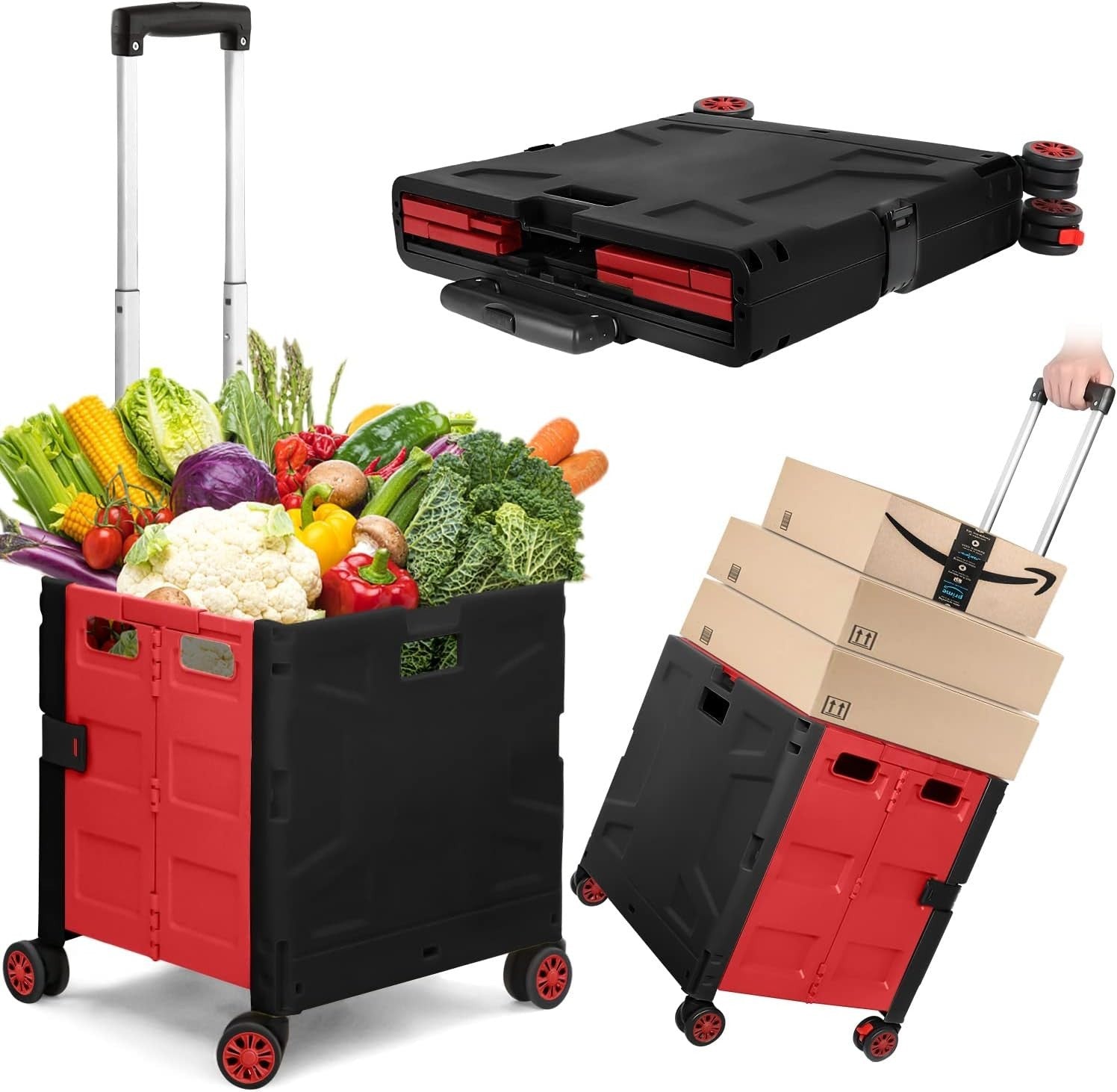 Foldable Grocery Shopping Trolley Cart Box 50Kg with Lid Portable Red