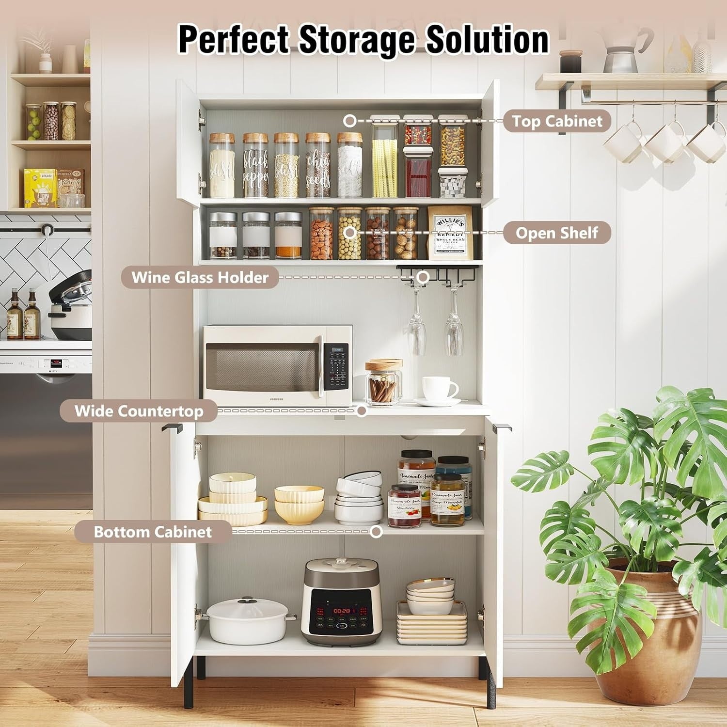 Tall Kitchen Cupboard 4-Door Pantry Storage Cabinet with Wine Rack & USB