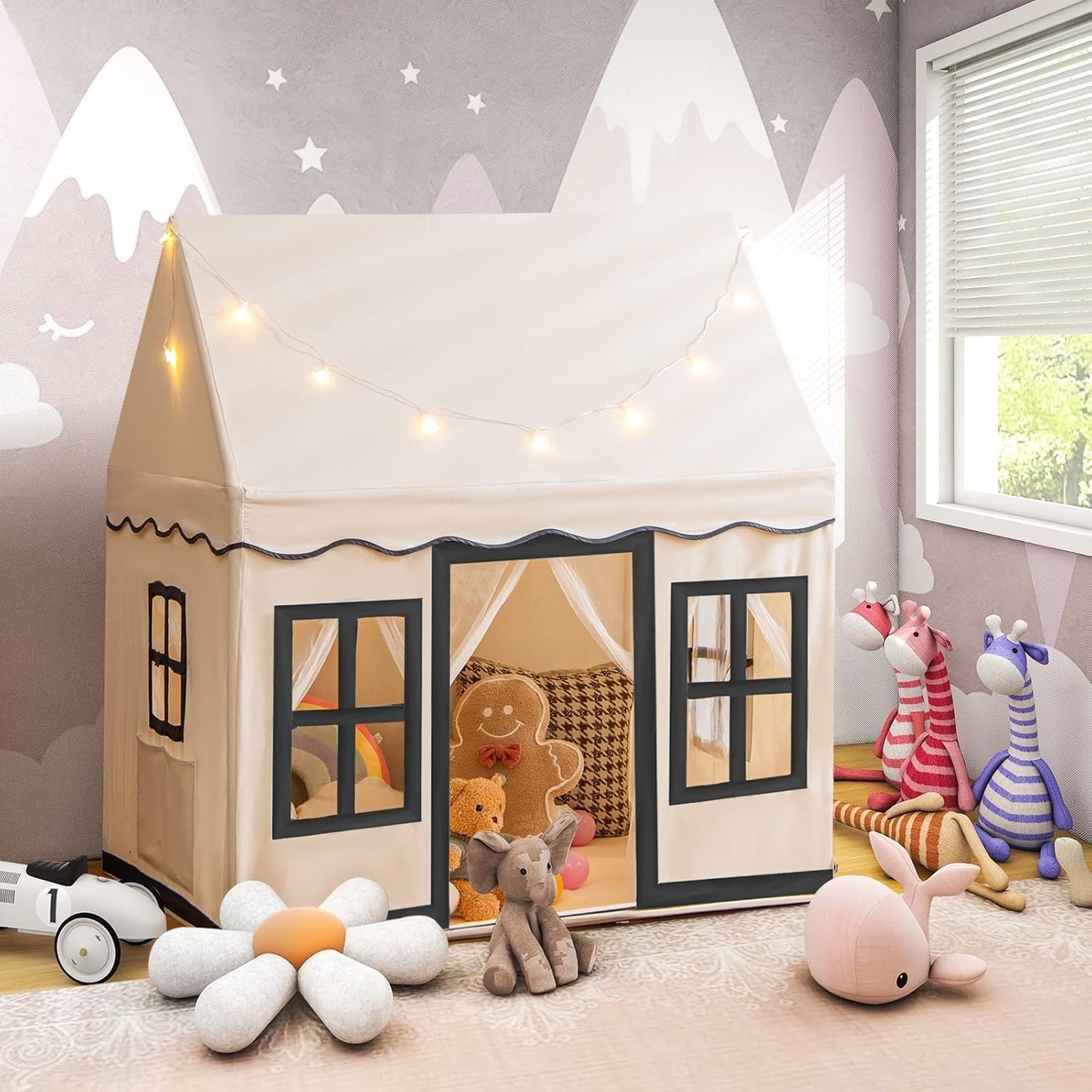 Large Kids Indoor Castle Tent With Star Lights Washable Floor Mat