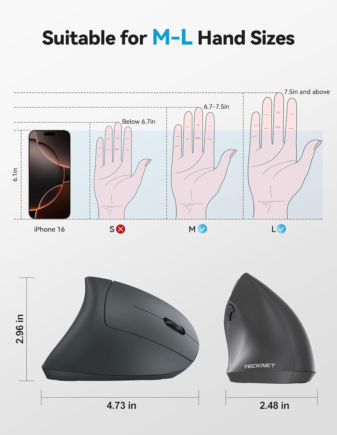 Vertical Ergonomic Mouse Bluetooth Rechargeable 4800 DPI Grey