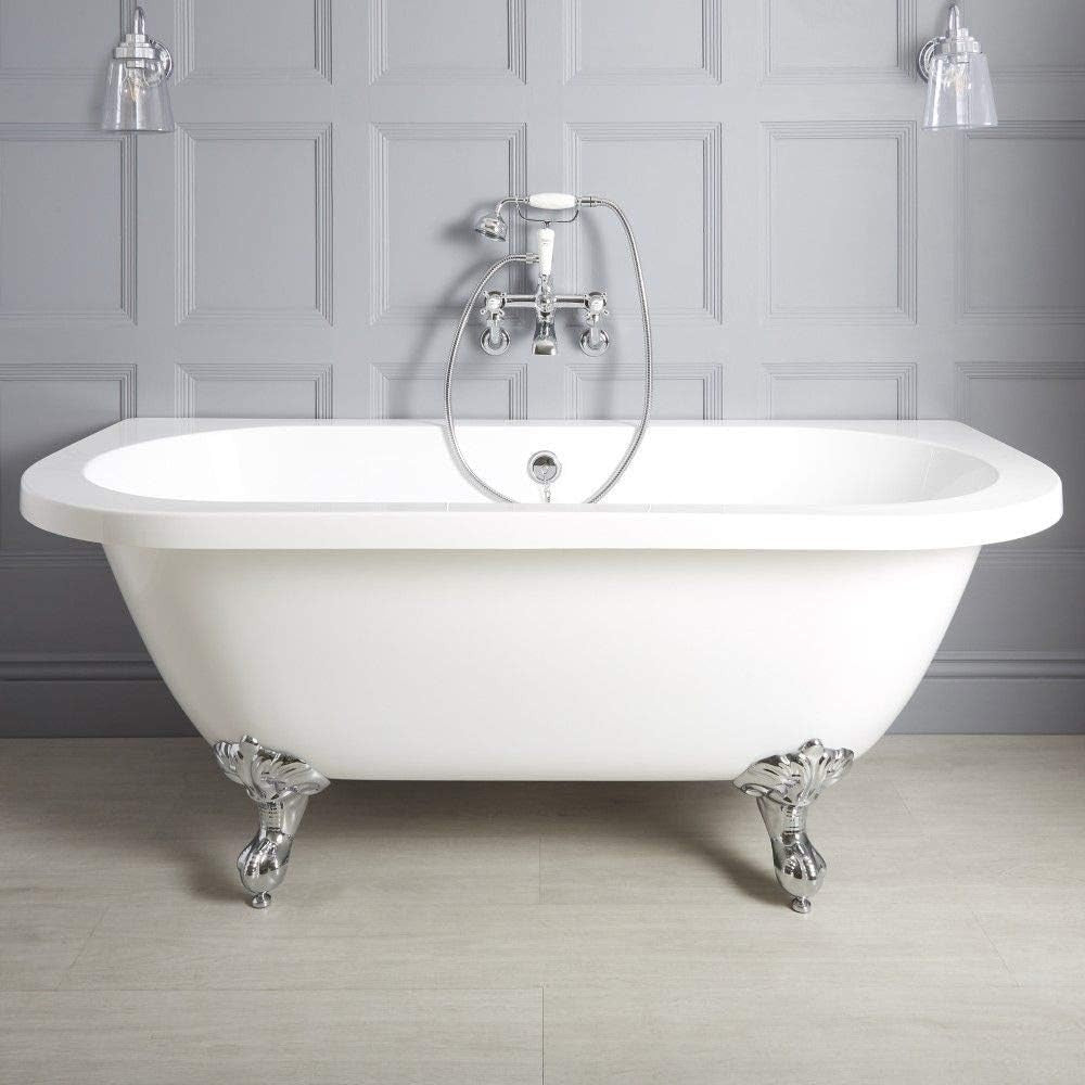1685x780mm Double Ended Freestanding Back to Wall Bath White Acrylic w/ Gold