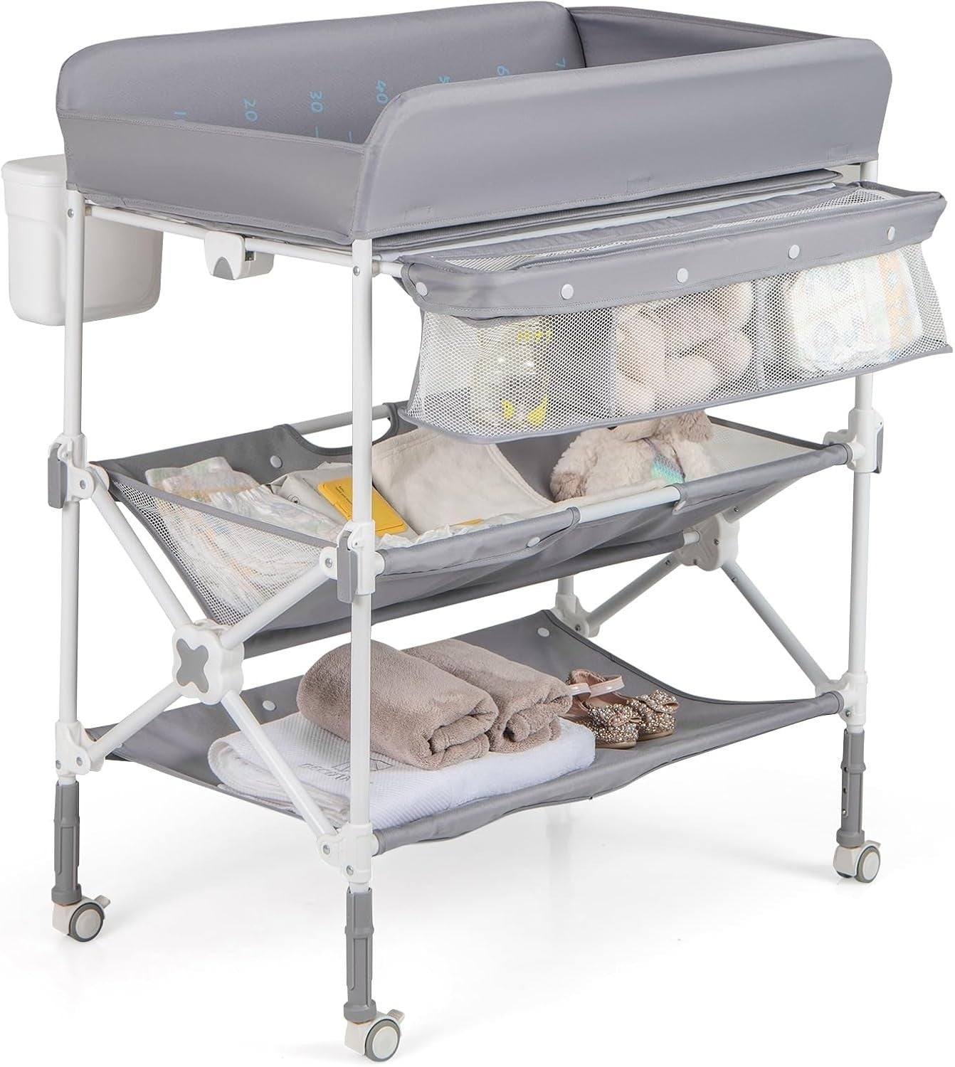 Baby Changing Table Folding Nursery Station with Wheels & Storage Grey