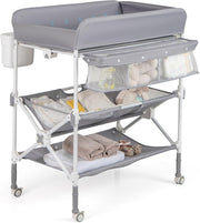 Baby Changing Table Folding Nursery Station with Wheels & Storage Grey