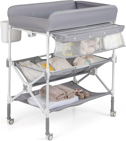 Baby Changing Table Folding Nursery Station with Wheels & Storage Grey