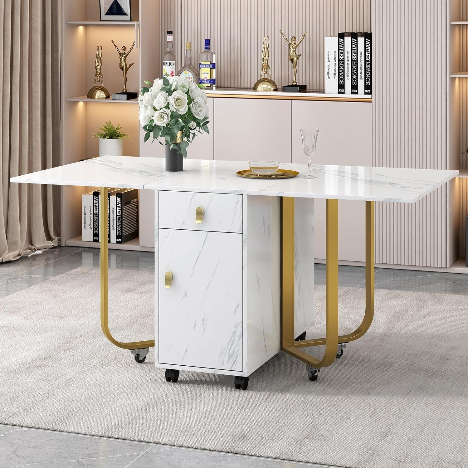 Folding Marble Dining Table 2 Drawers Storage Home Kitchen Island Unit