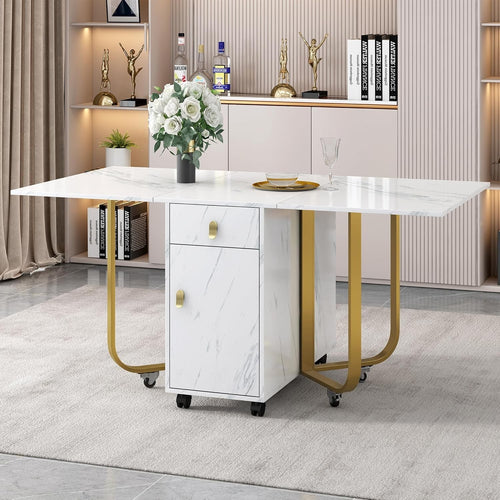 Folding Marble Dining Table 2 Drawers Storage Home Kitchen Island Unit