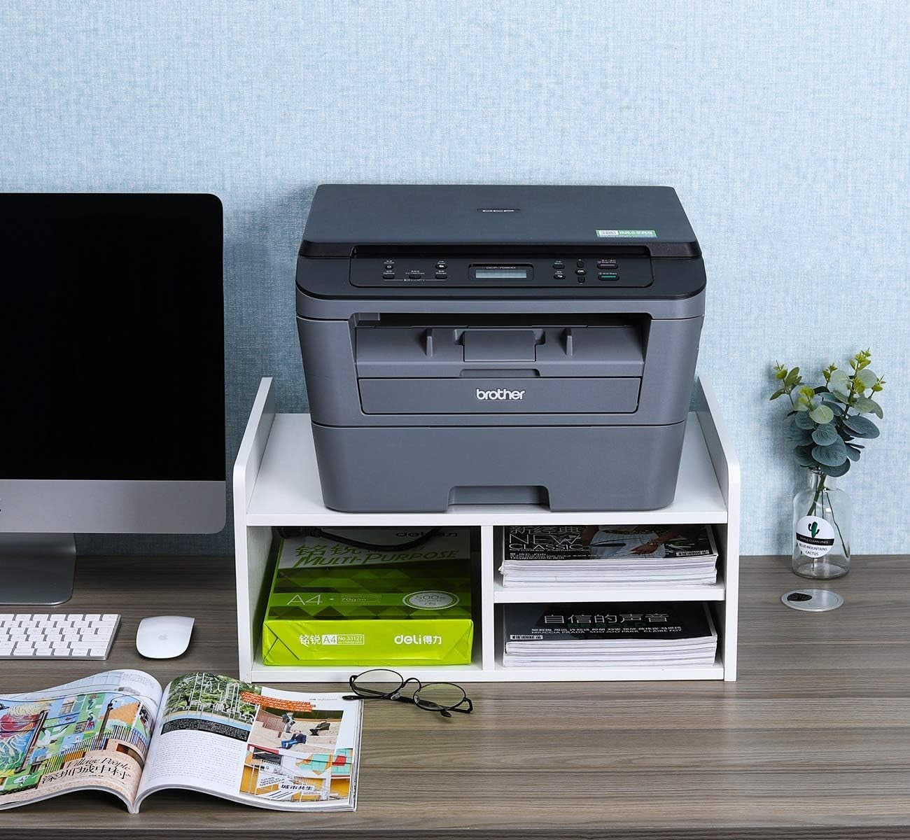 2-Tier Desktop Printer Stand Wood Office Desk Shelf A4 Paper Organiser