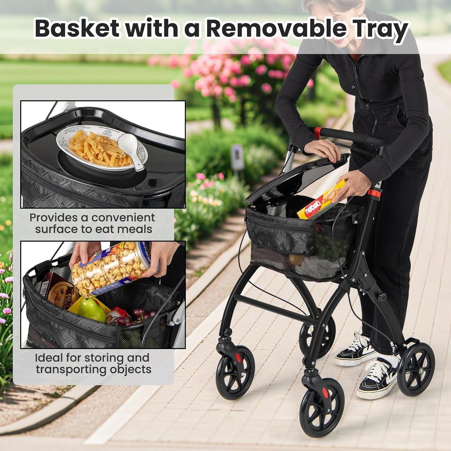 Lightweight Folding Rollator Walker 4 Wheel Basket Brakes Narrow Black
