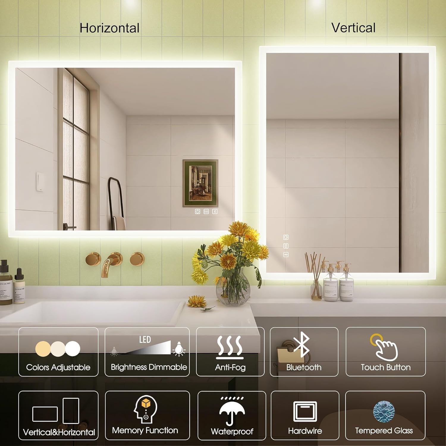 LED Bathroom Wall Mirror 60x80 cm Bluetooth, Dimmable, Anti-Fog, Memory