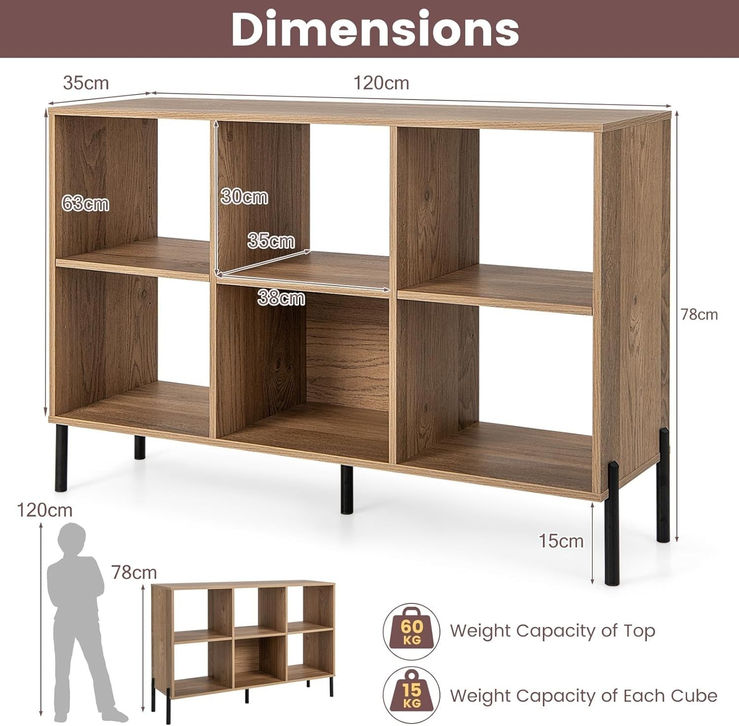 Natural 6-Cube Adjustable Storage Bookcase with Metal Legs 120x35x78cm