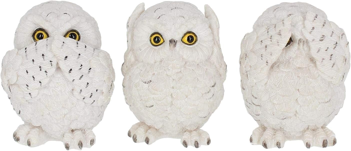 Three Wise Owl Figurines Resin 8cm White Ornament Set Cute Home Gift Decor