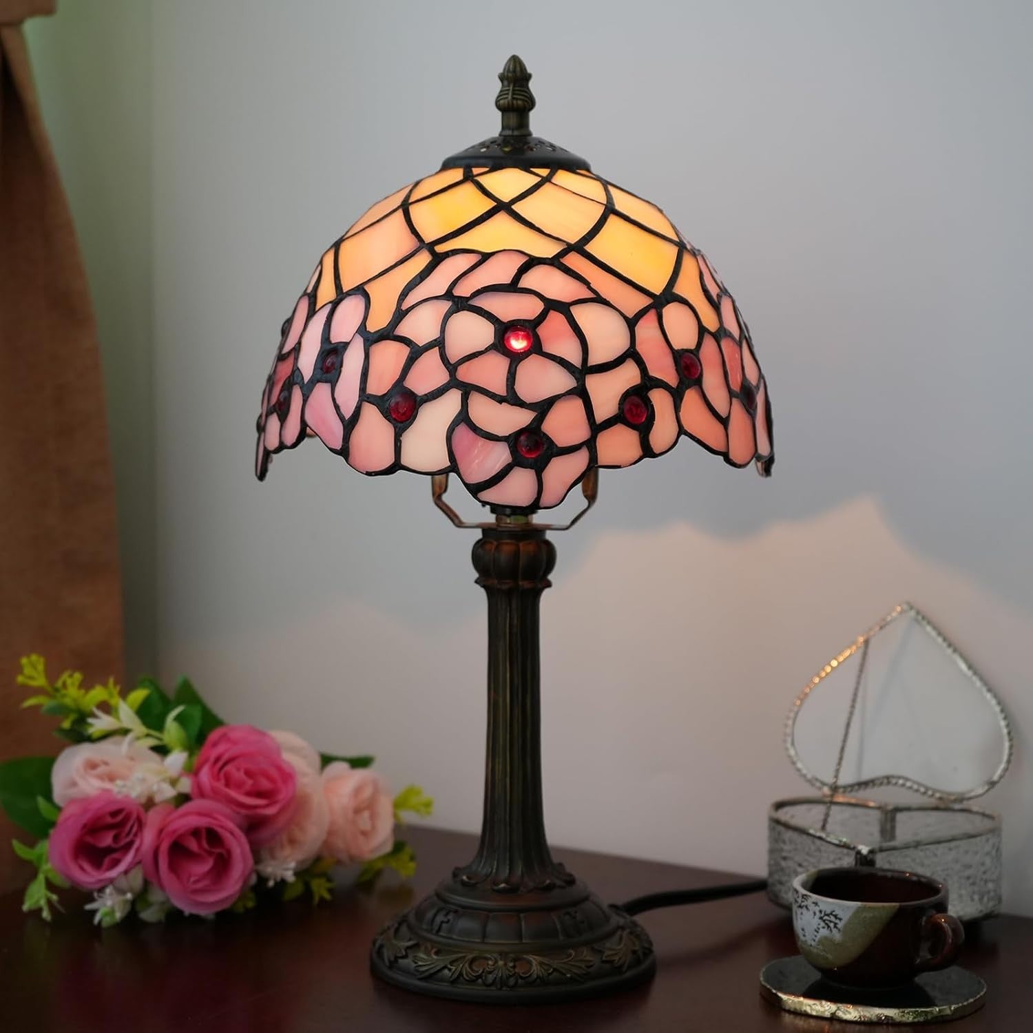 Stained Glass Tiffany Table Lamp Cherry Blossom 8x14 Inch Desk Light