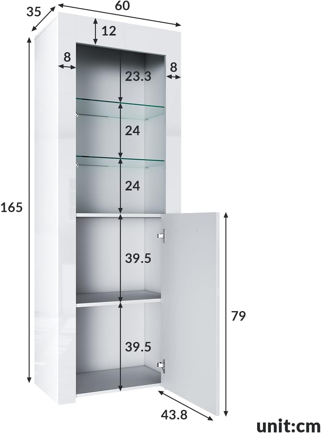 White Gloss Tall LED Display Cabinet 165cm Modern Showcase Unit with Glass Shelv
