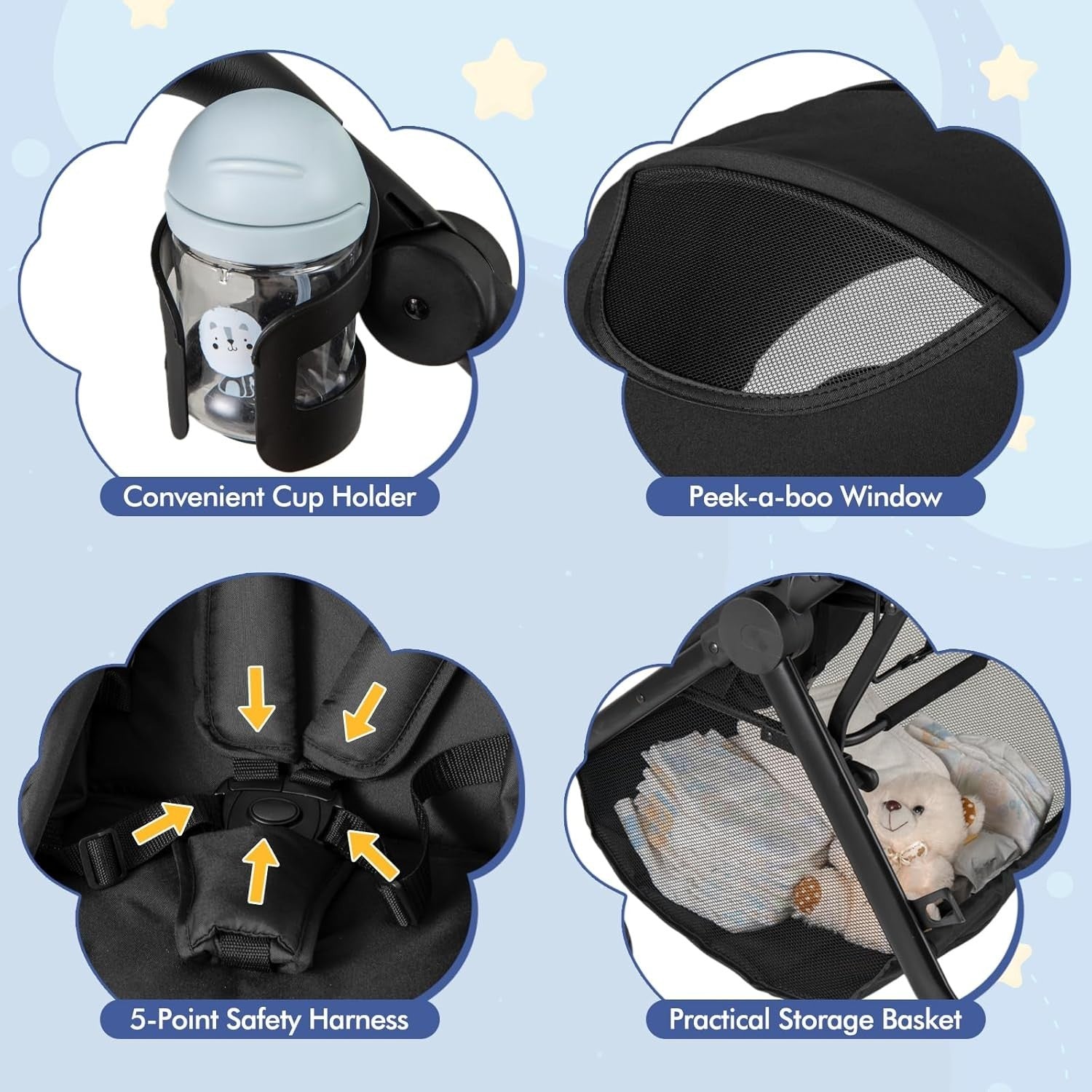 2in1 Baby Pushchair Foldable Lightweight Pram Reversible Seat Adjustable Canopy