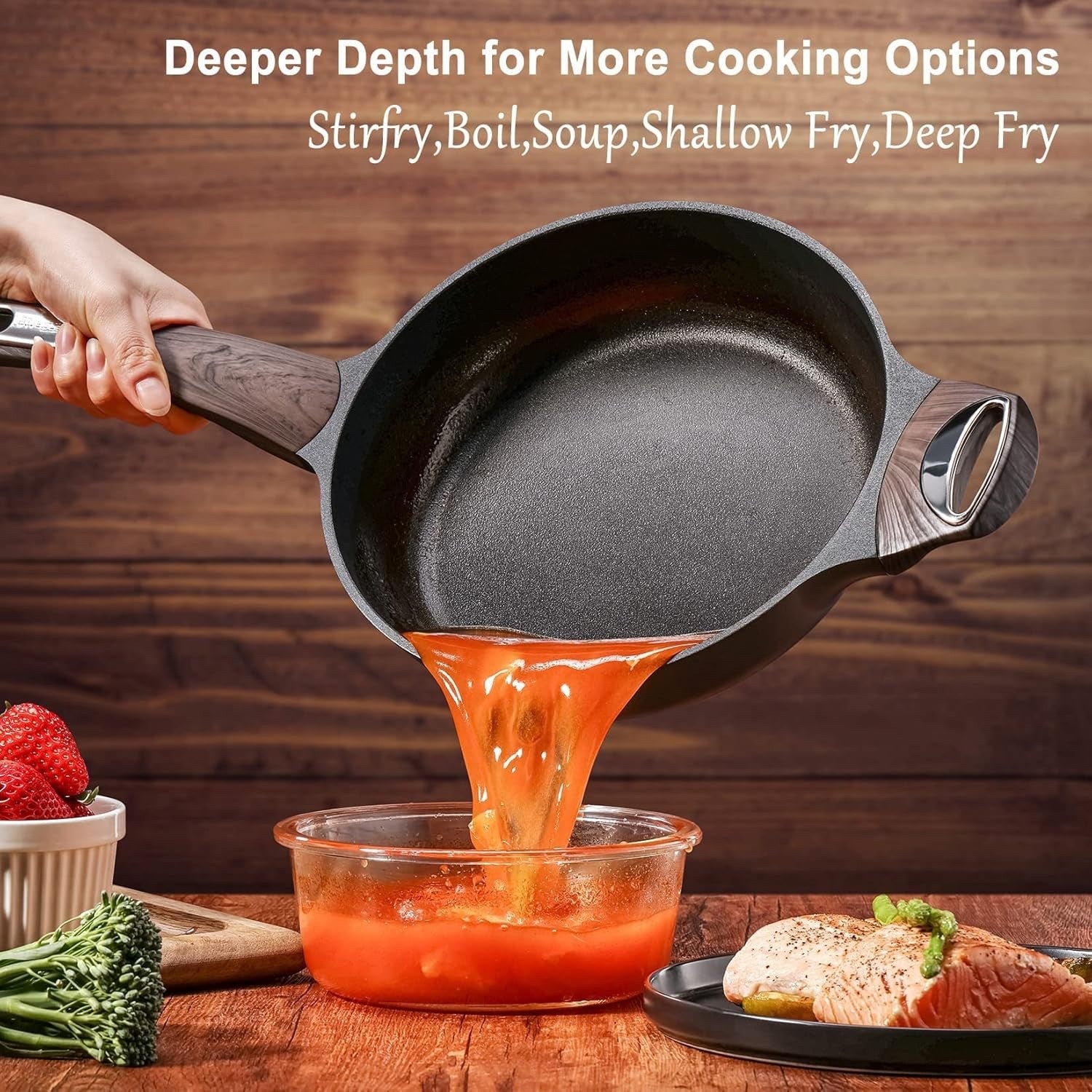 30cm Black Deep Non Stick Saute Pan with Lid, 4.7L Skillet Induction Compatible
