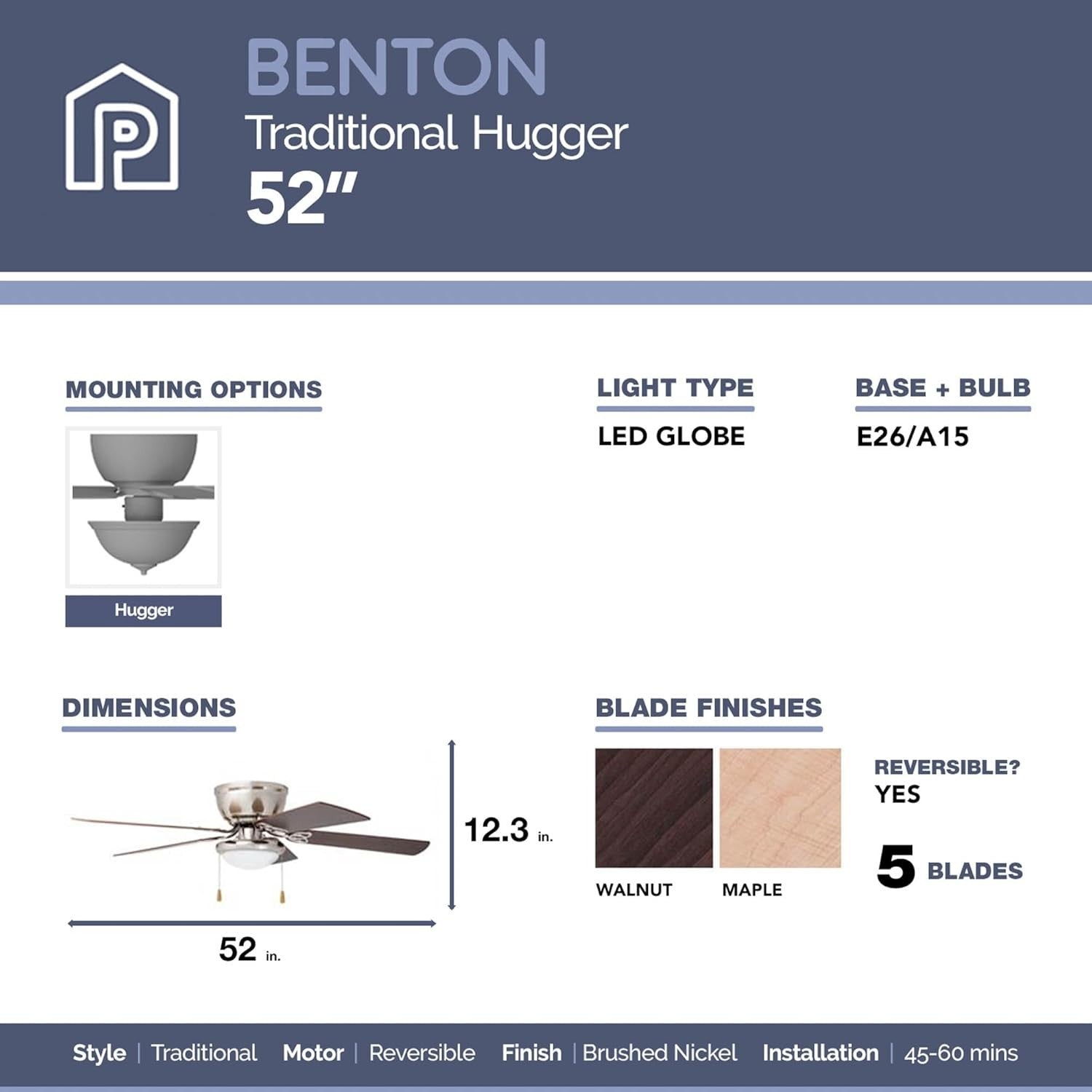 Prominence Home Benton 52" Ceiling Fan, LED Light, 5 Blades, Brushed Nickel