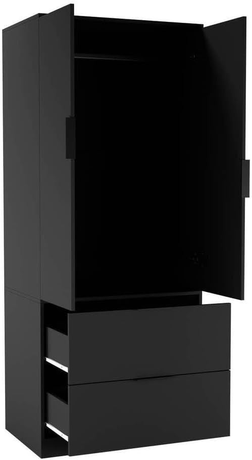 Black 2 Door Wardrobe with 2 Drawers, Hanging Rail & Clothes Storage Unit