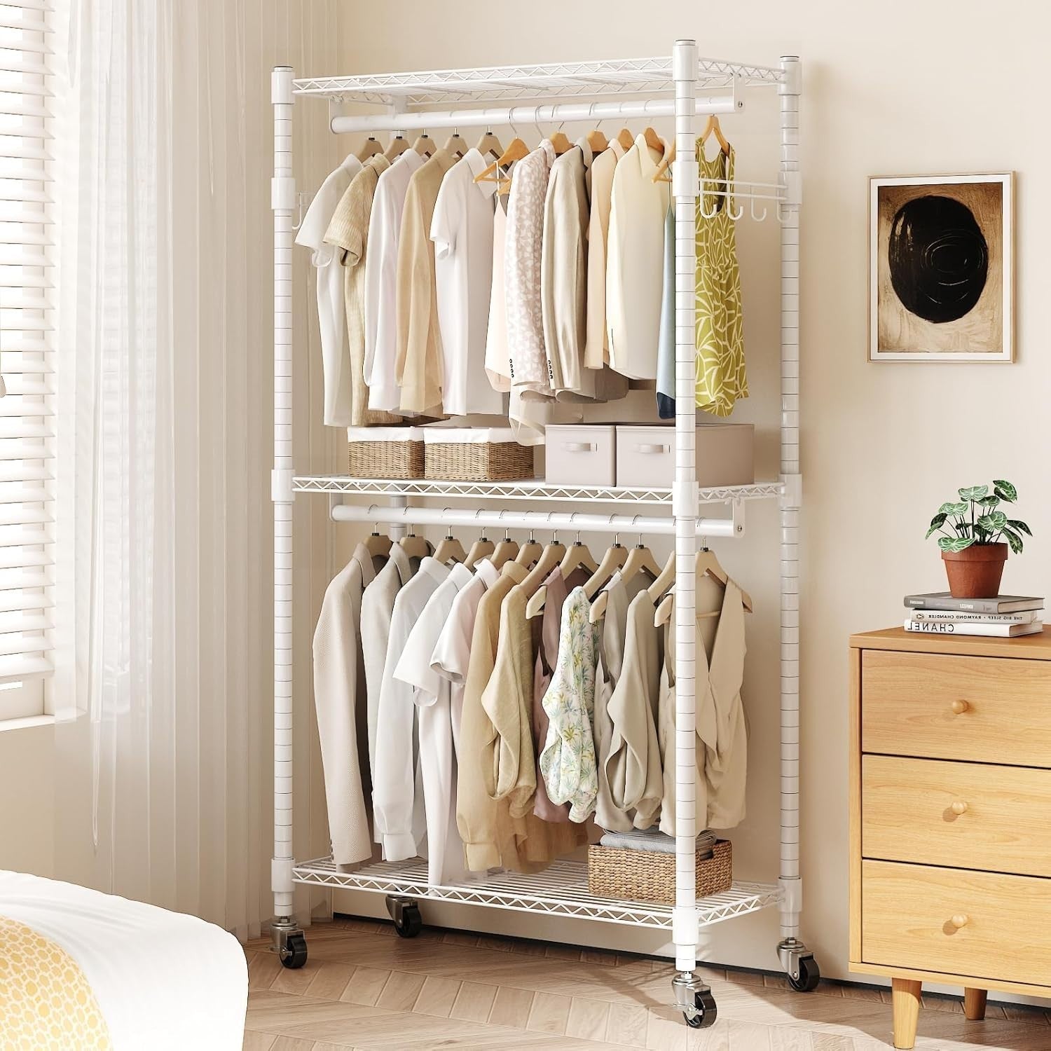 Heavy Duty Clothes Rail with Shelves & Wheels – White 205cm