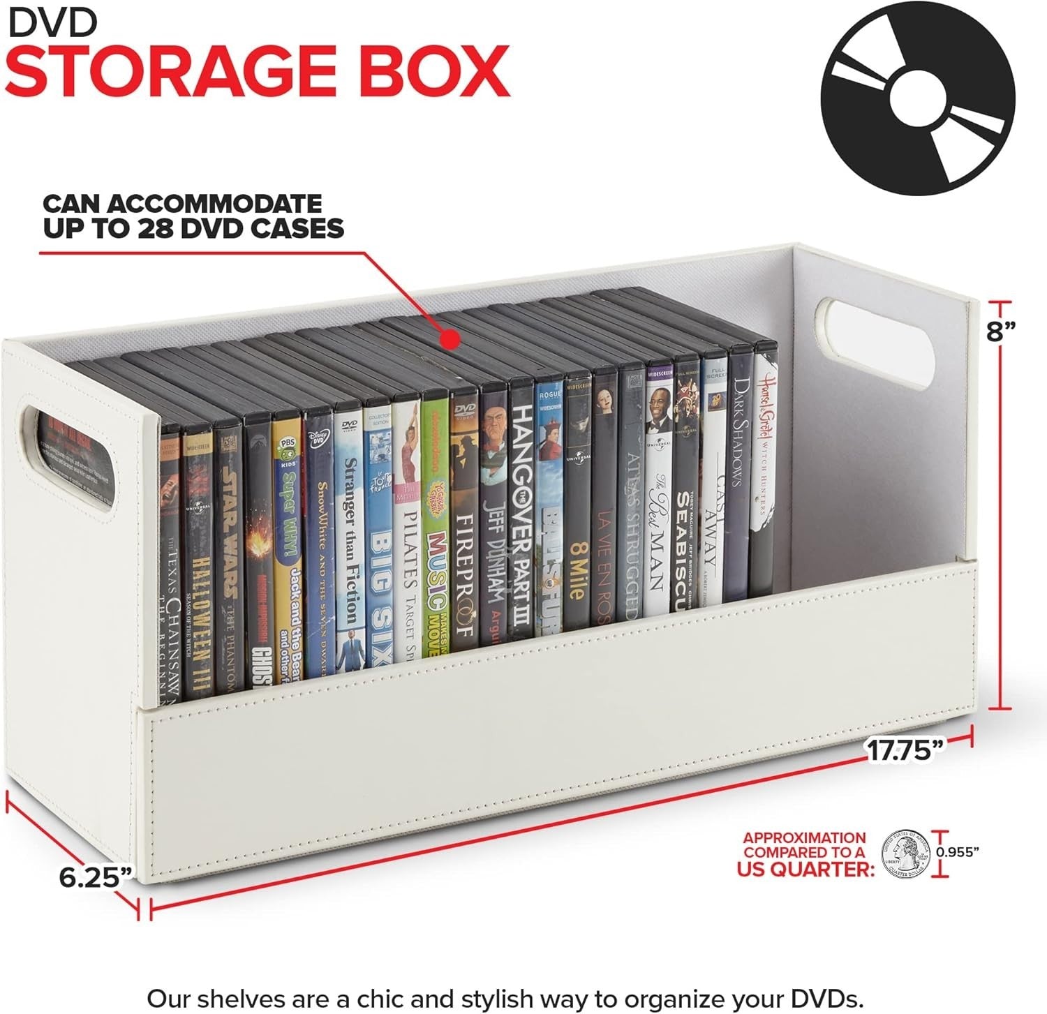 DVD Storage Box Organizer Holds 28 Cases Faux Leather White Shelf