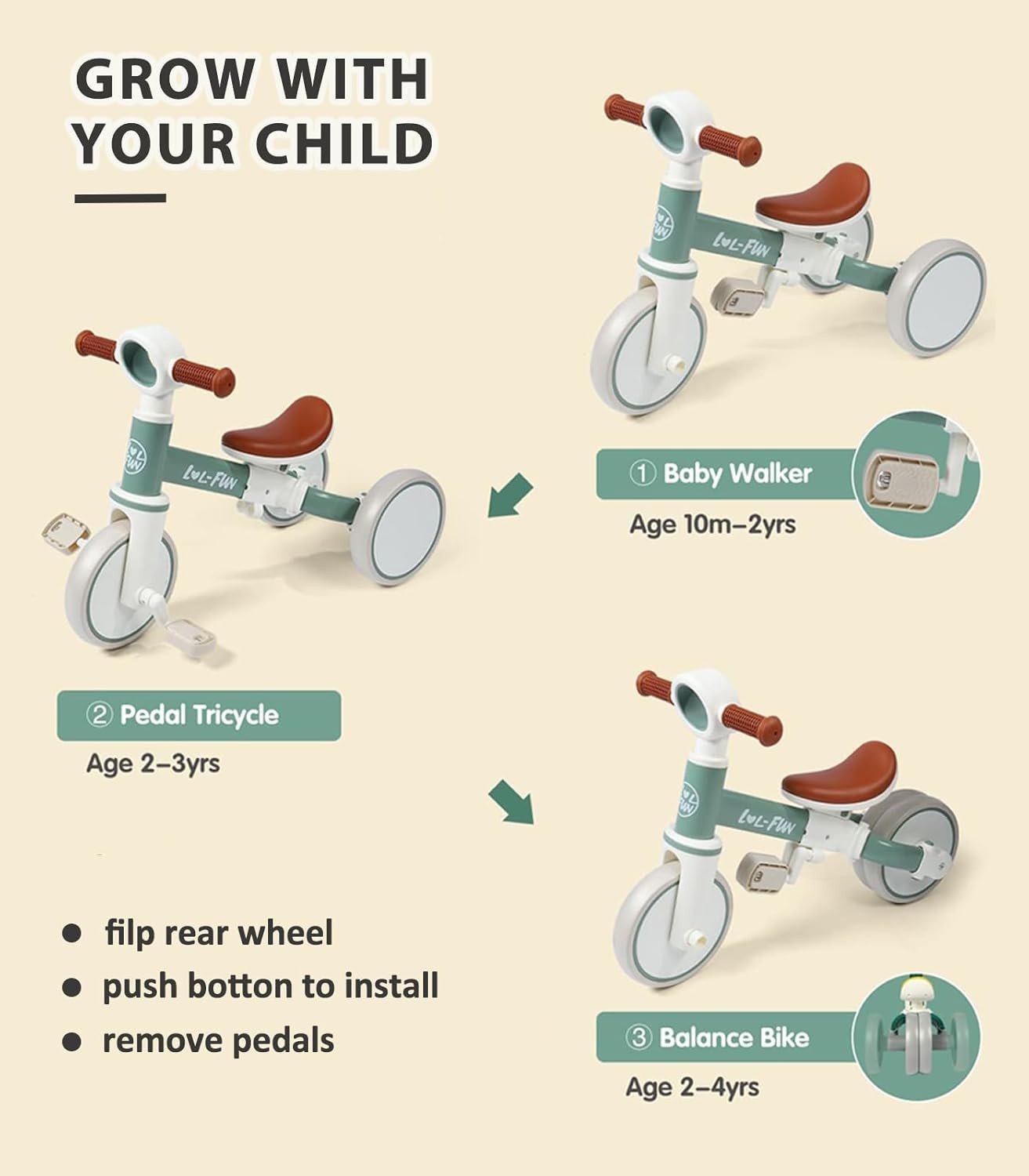 4 in 1 Kids Tricycle Balance Bike Toddler Trike Removable Pedals 1-4Y