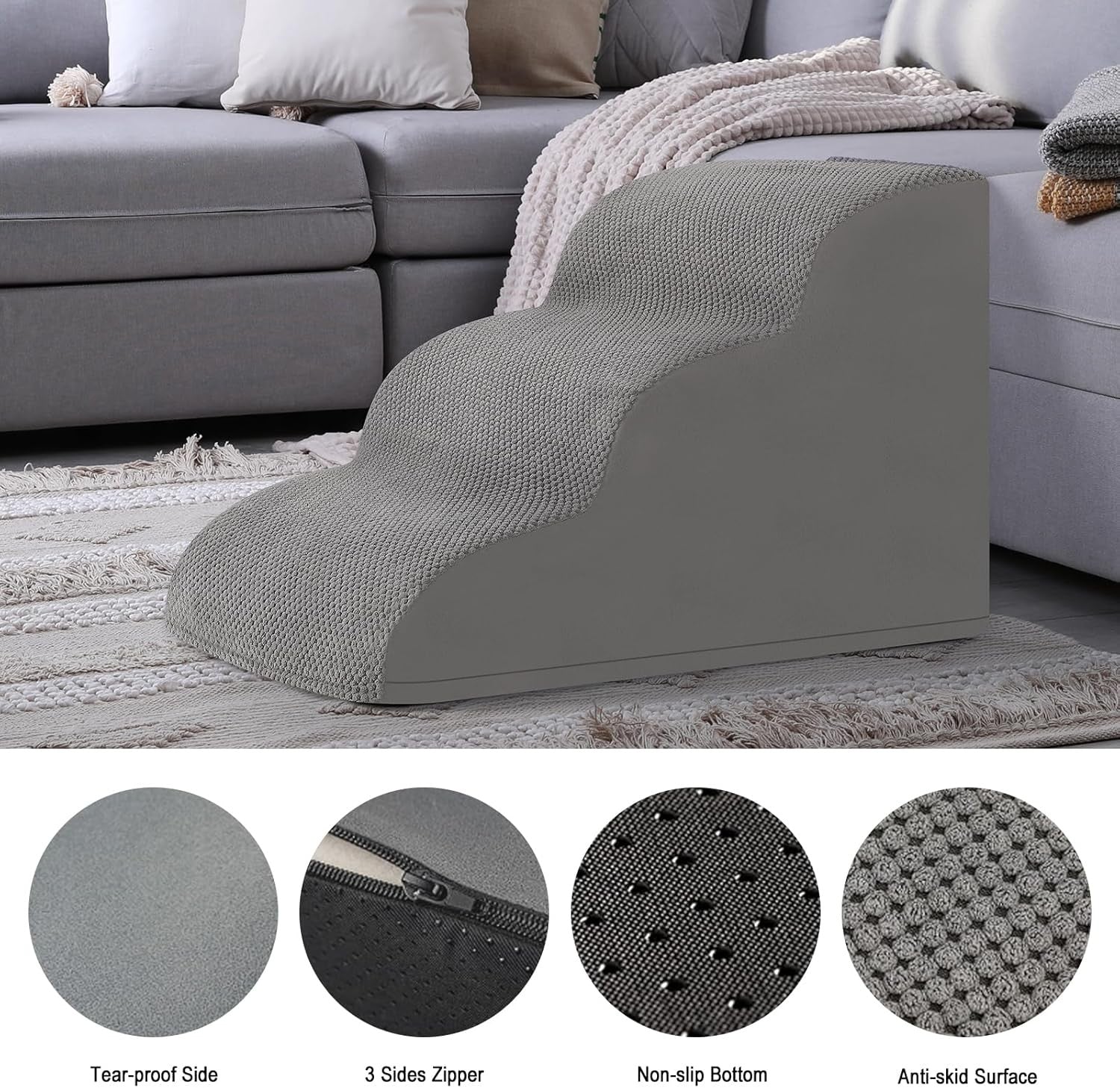3 Step Dog Stairs Foam Pet Ramp Non Slip Grey 50lbs Capacity