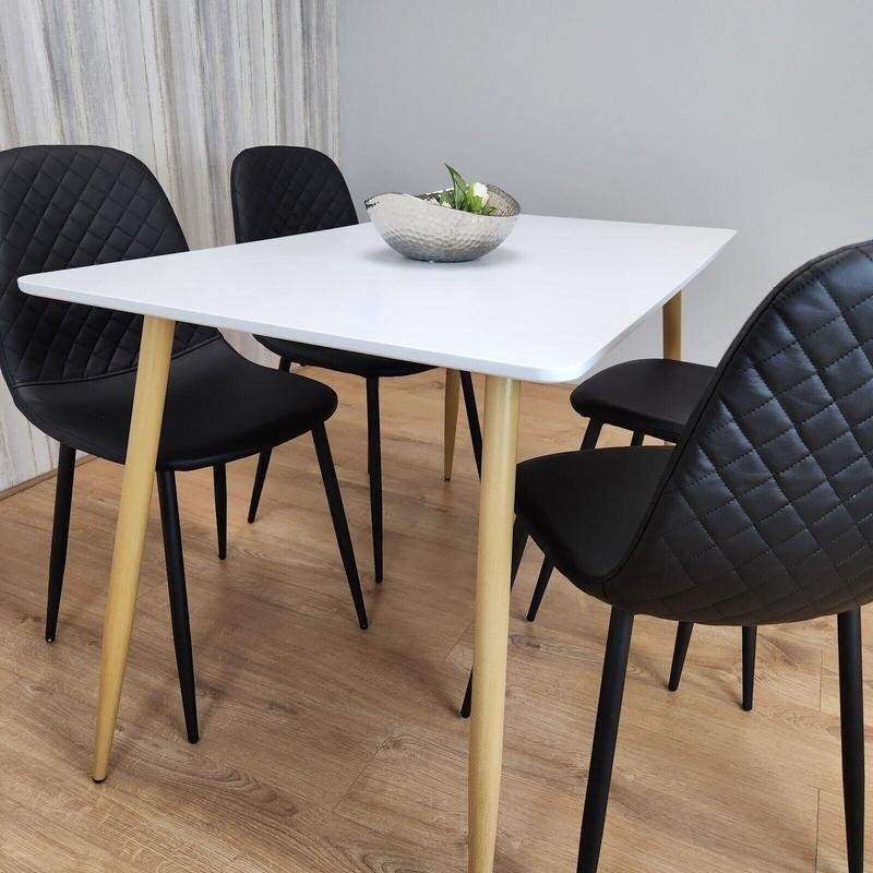 White Dining Table Set with 4 Black Faux Leather Chairs, Modern Kitchen