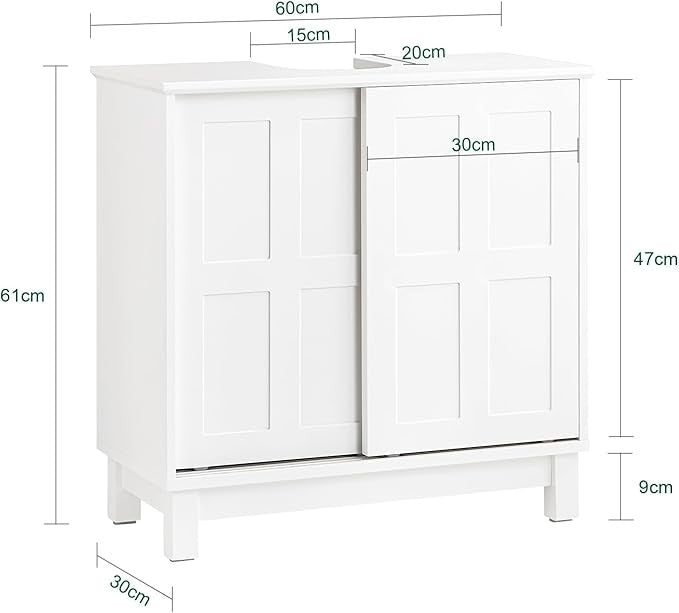 White Under Sink Bathroom Cabinet 60cm Vanity Unit with Sliding Doors Storage
