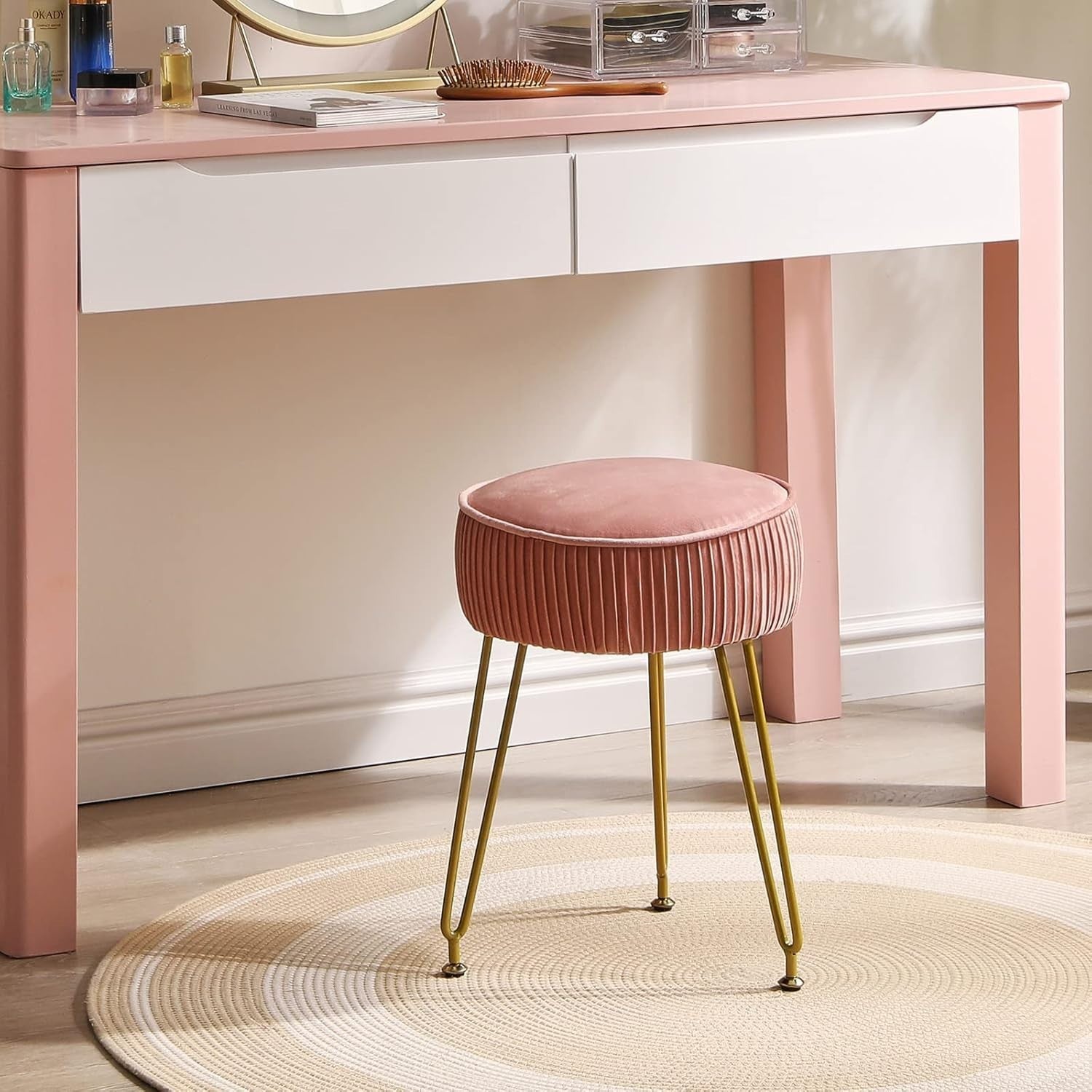 Pink Velvet Round Vanity Stool with Golden Steel Legs – Footrest & Side Table