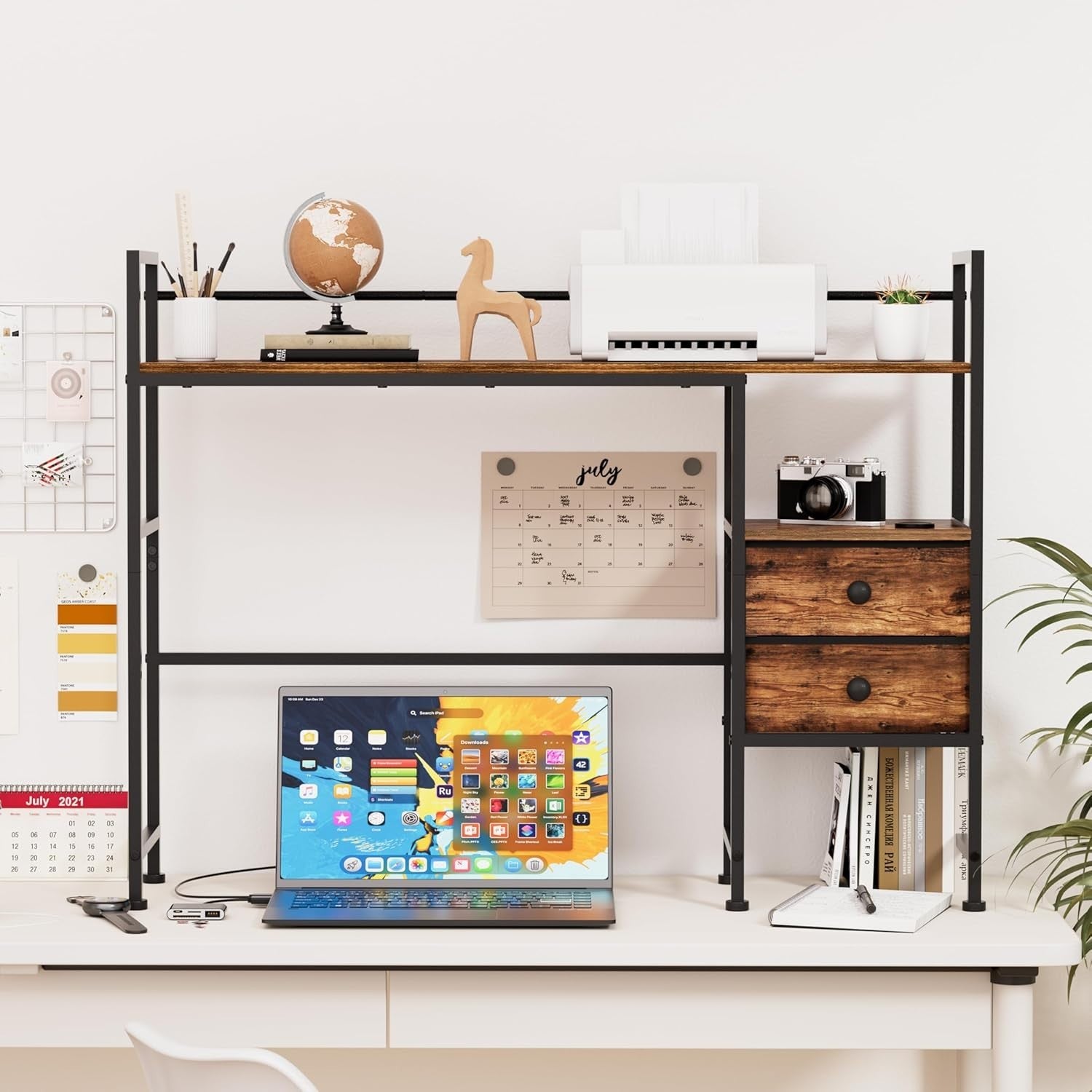 39" Desk Hutch Shelf Rustic Brown | 4-Tier Desktop Organizer Rack with Drawers