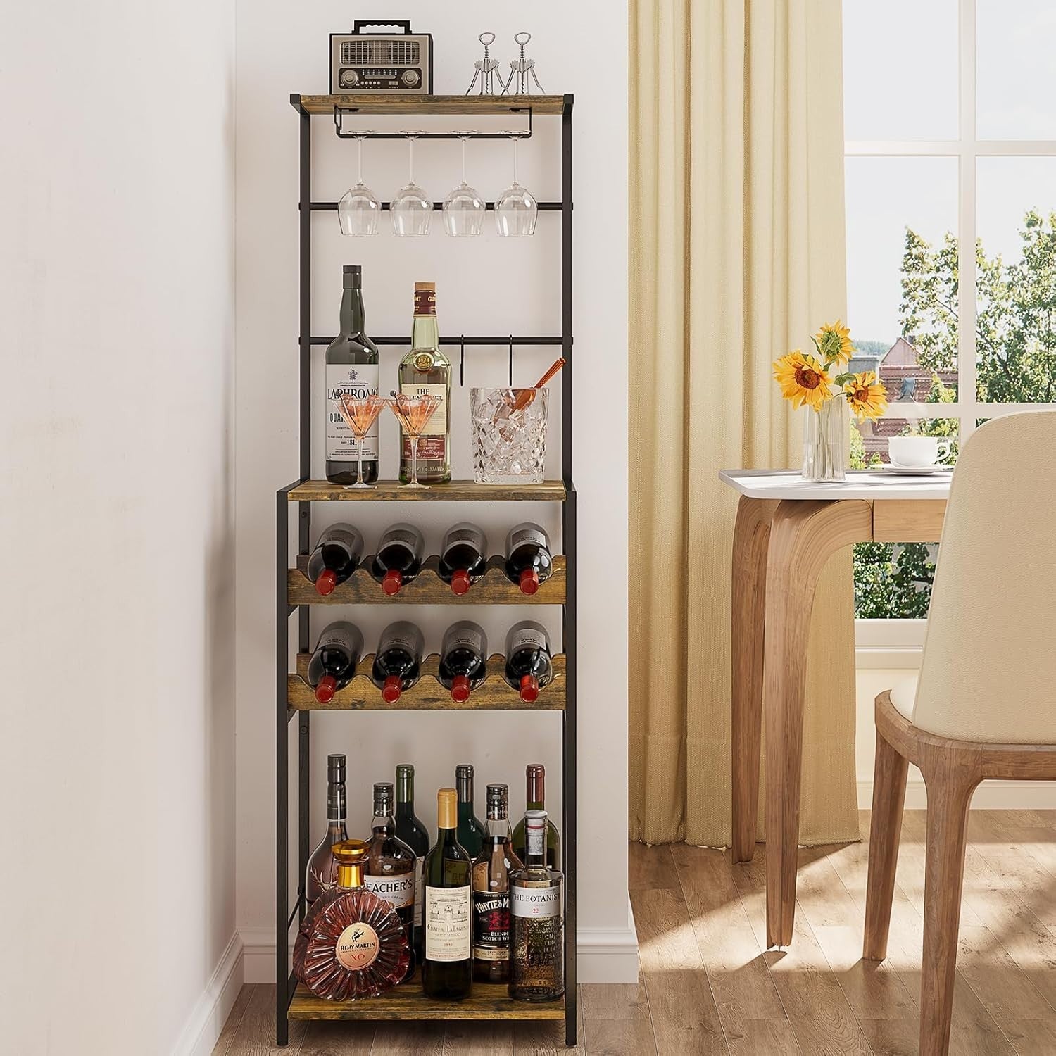 5-Tier Wine Rack with Glass Holder & Hooks, Freestanding Bar Cabinet