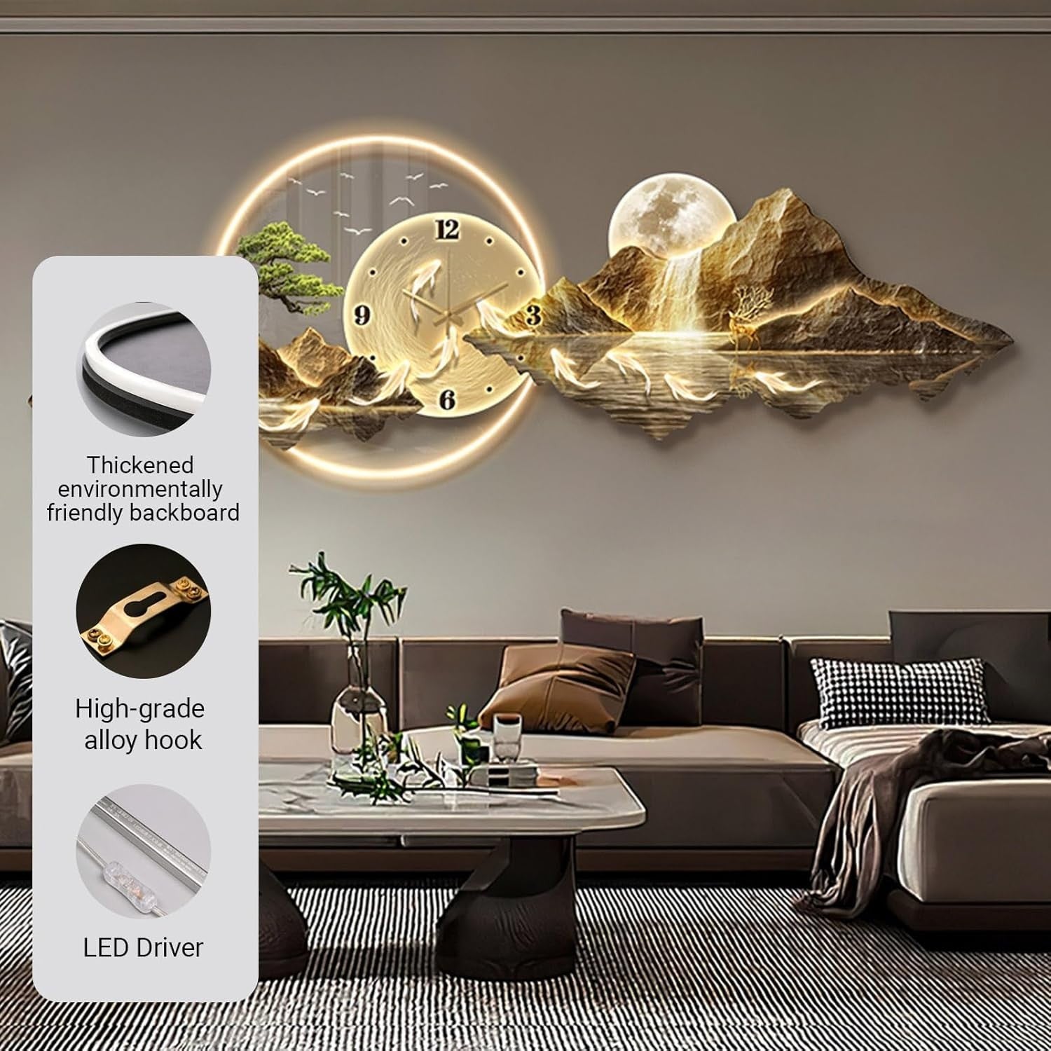 Luxury LED Mountain Wall Art Clock 3D Gold Landscape Decor Large 60x180cm