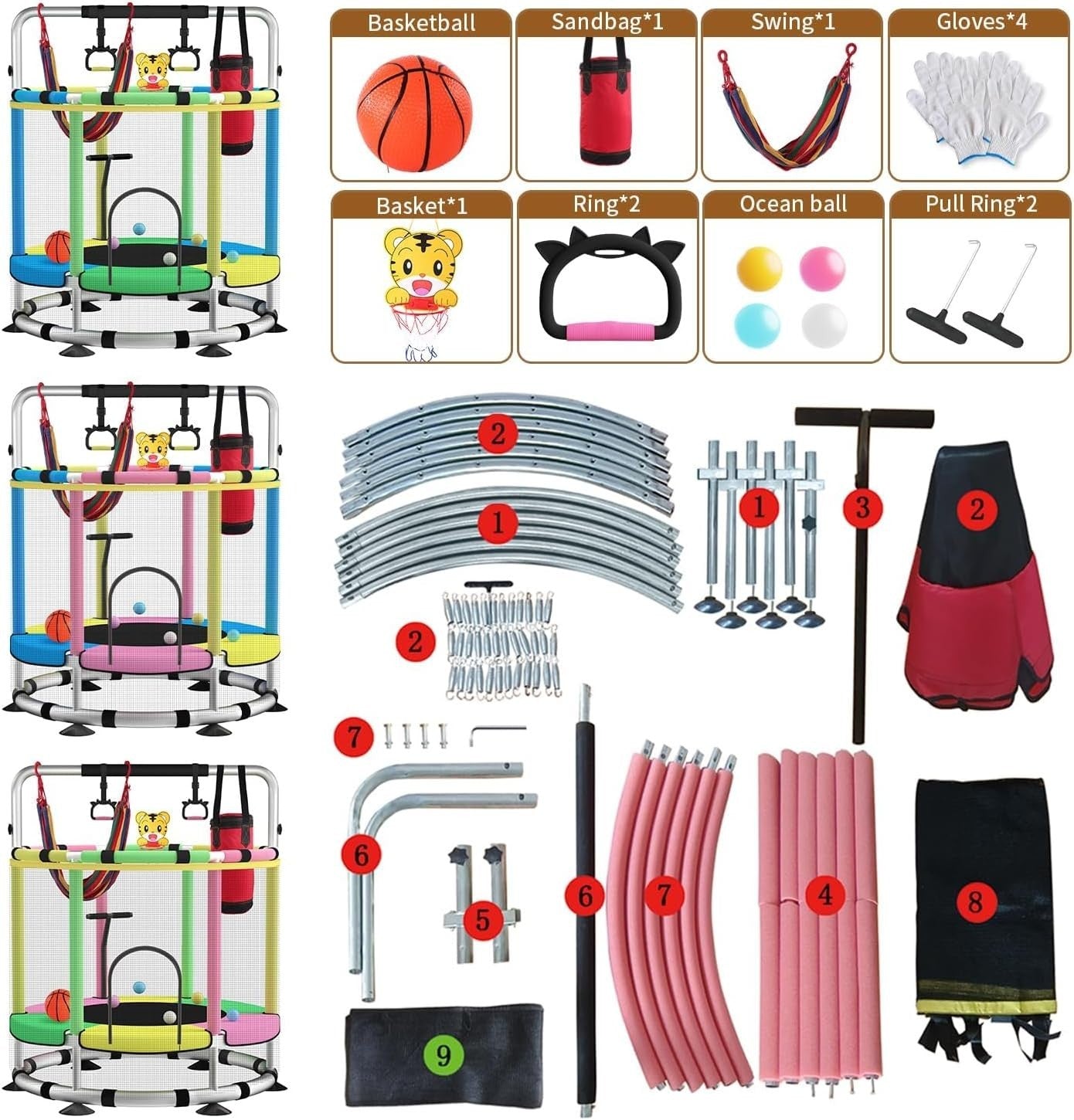 140cm Toddler Trampoline with Enclosure Gym Bar Toys Indoor Outdoor