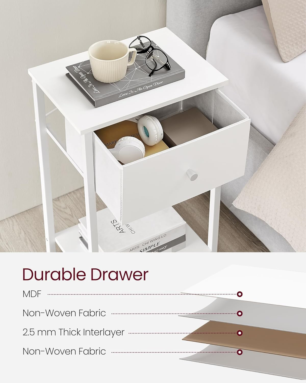 Set of 2 Tall White Bedside Tables with Drawer & Shelf, Modern 24-Inch Nightstan