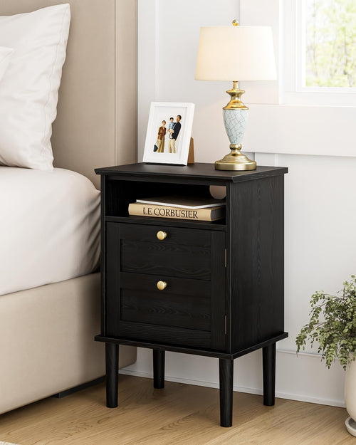Black Wooden Bedside Table with Door & Open Shelf | Modern Vintage Nightstand