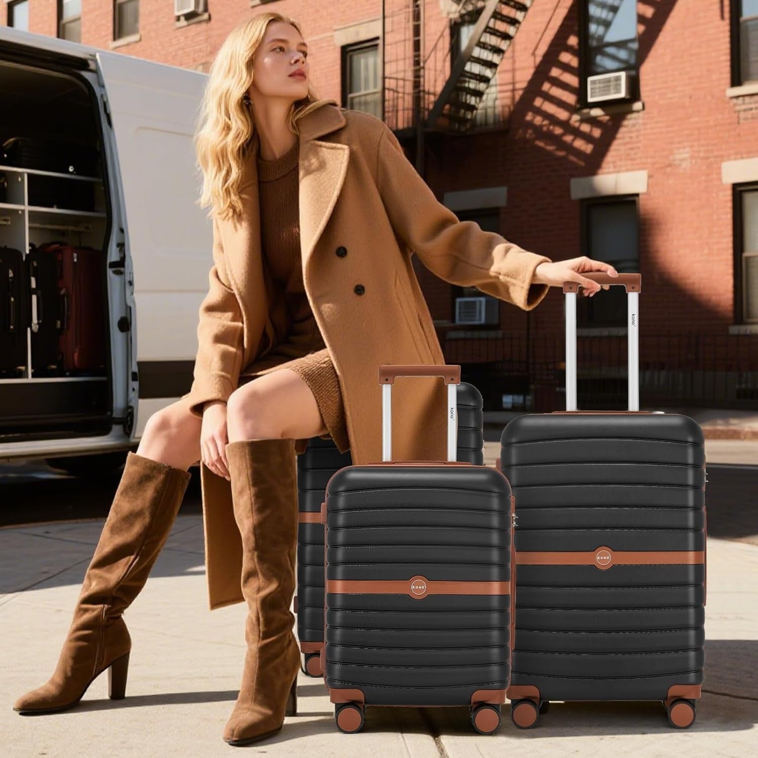 24'' Black Brown Check In Suitcase ABS PC Hard Shell Spinner Wheels Lock