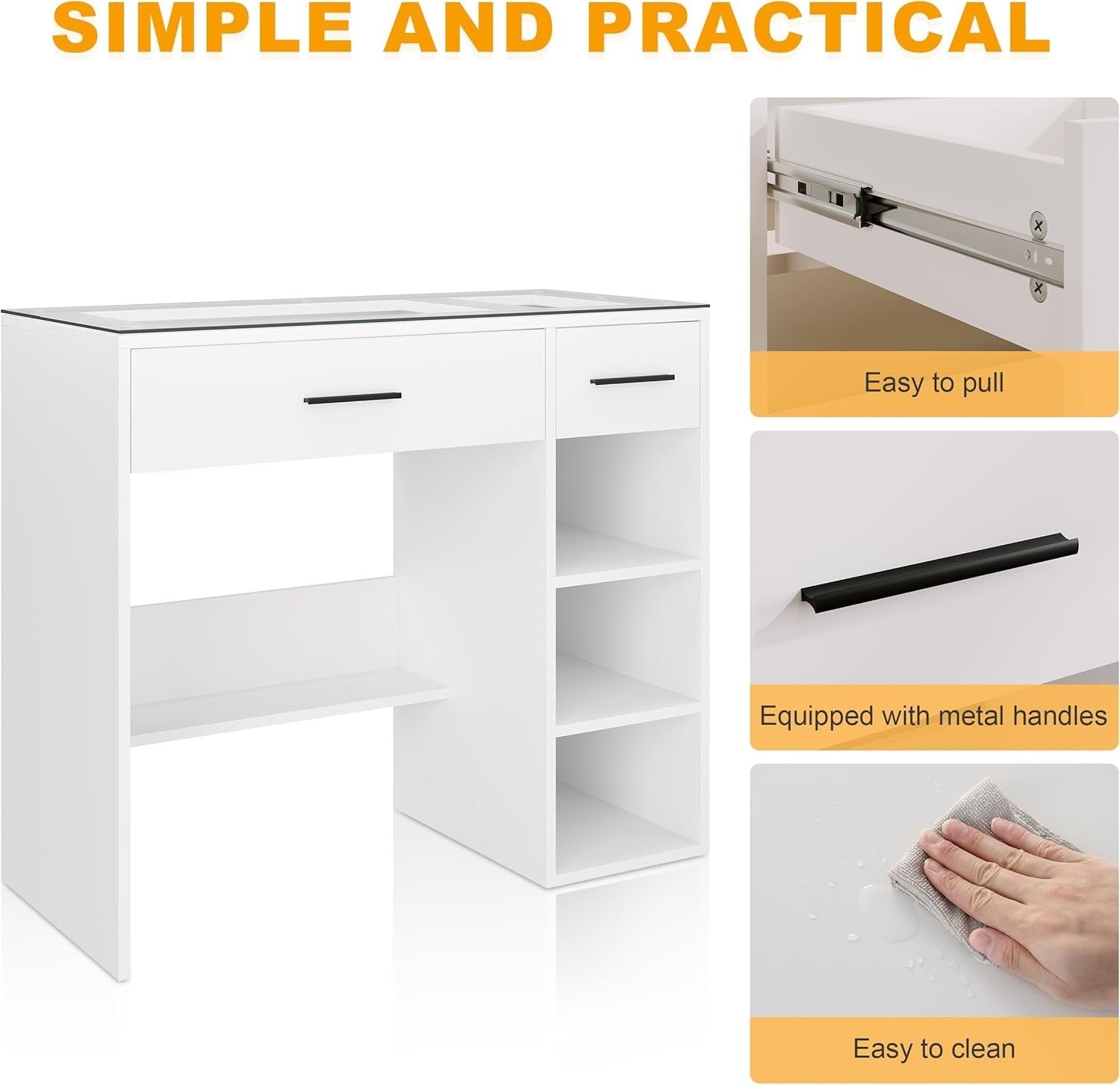 Vanity Dressing Table White Gloss Glass Top Makeup Desk 2 Drawers Storage New