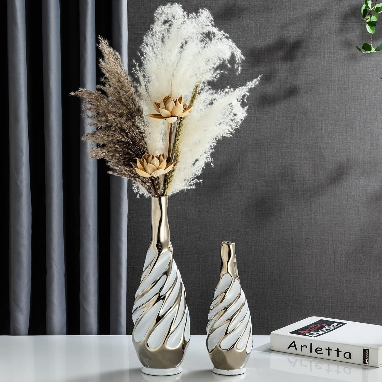 Silver Ceramic Vase Set 2 Modern Pampas Grass Table Living Room Decor