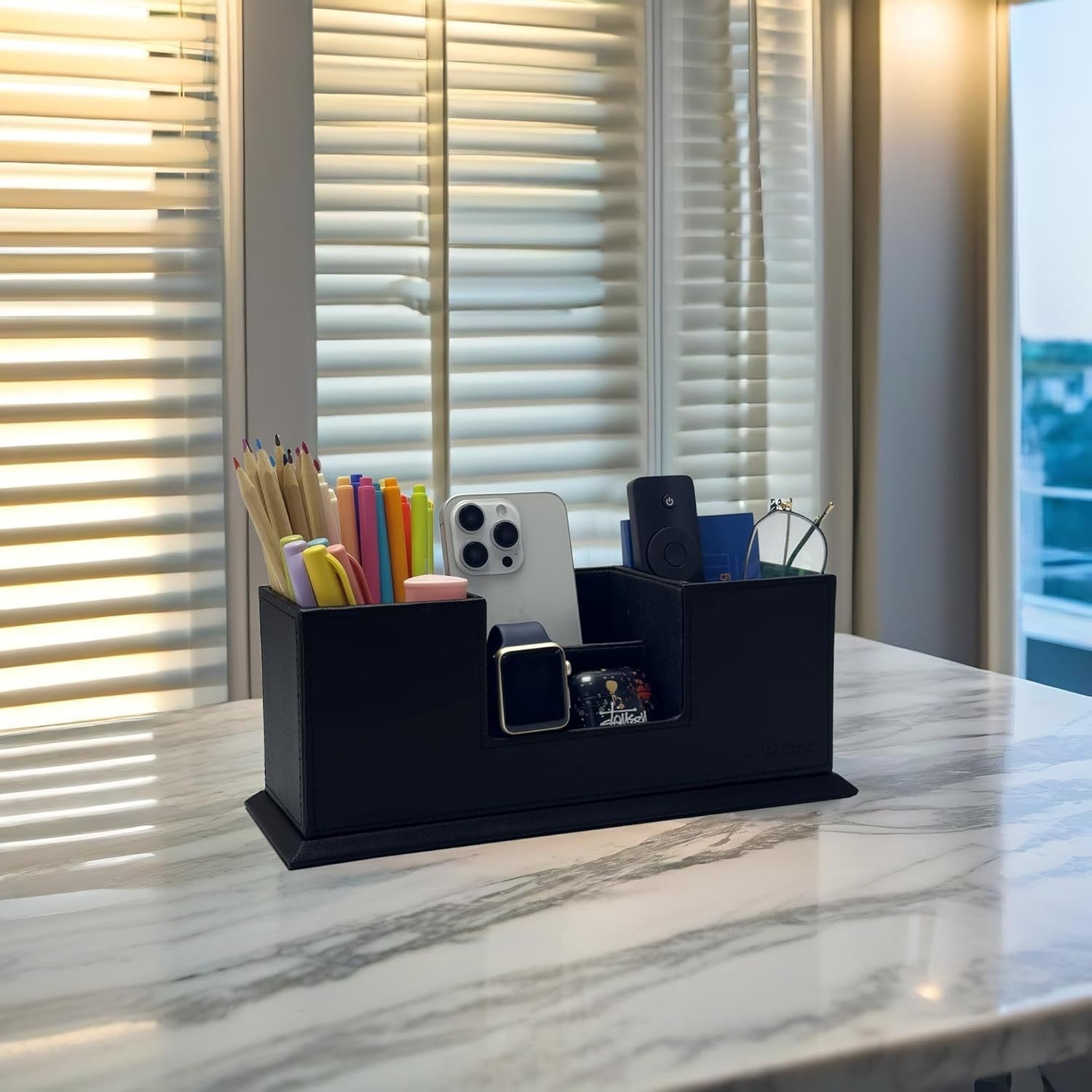 Leatherette Desk Organiser with Dual Pen & Card Holder – Office Desk