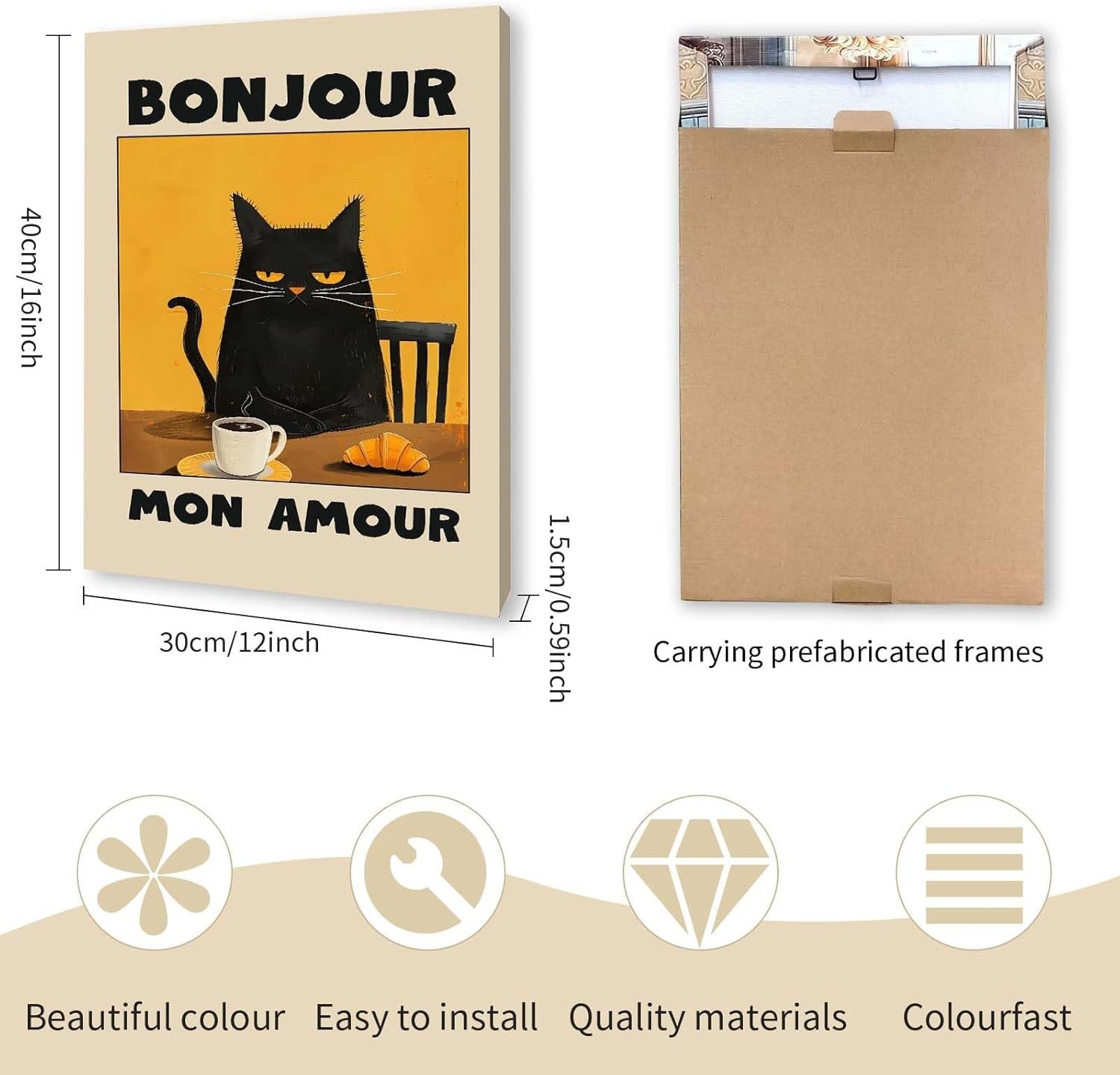 Bonjour Cat Canvas Wall Art 12x16 Framed Funny Kitchen Print