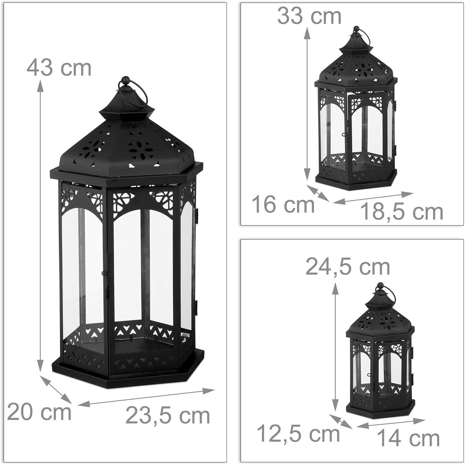 Set of 3 Black Metal Vintage Lanterns Candle Holders Indoor Outdoor