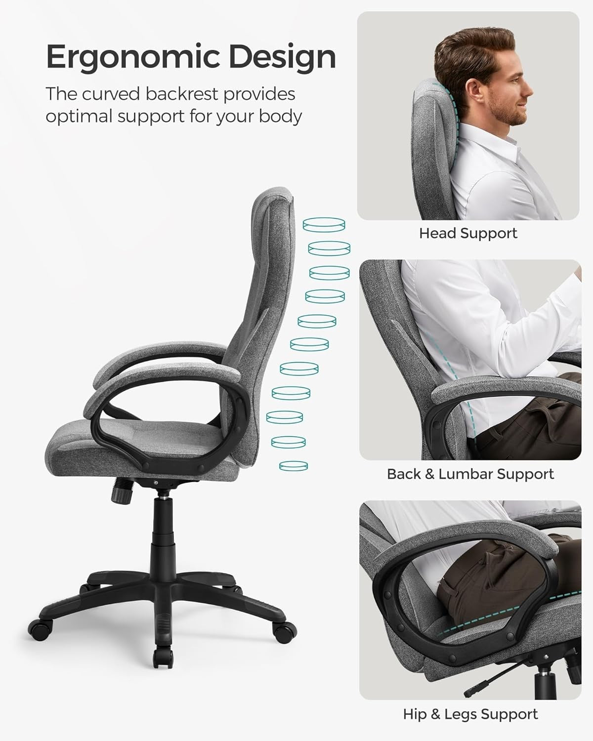 Ergonomic Office Chair Dove Grey Linen Fabric Adjustable Swivel Desk Seat