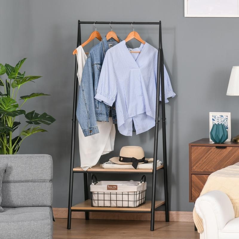 Freestanding Clothes Rack with 2 Shelves Black Metal Frame 64x149cm