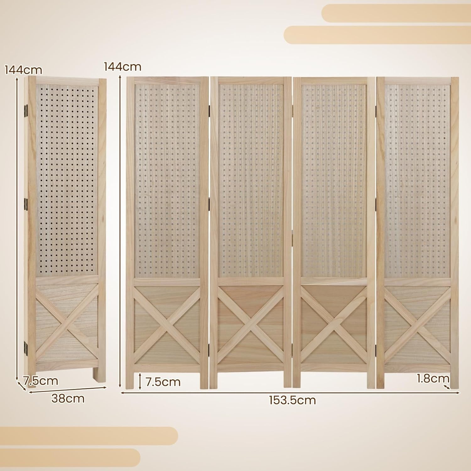 4 Panel Natural Wood Folding Room Divider with Pegboard Display for Home Office
