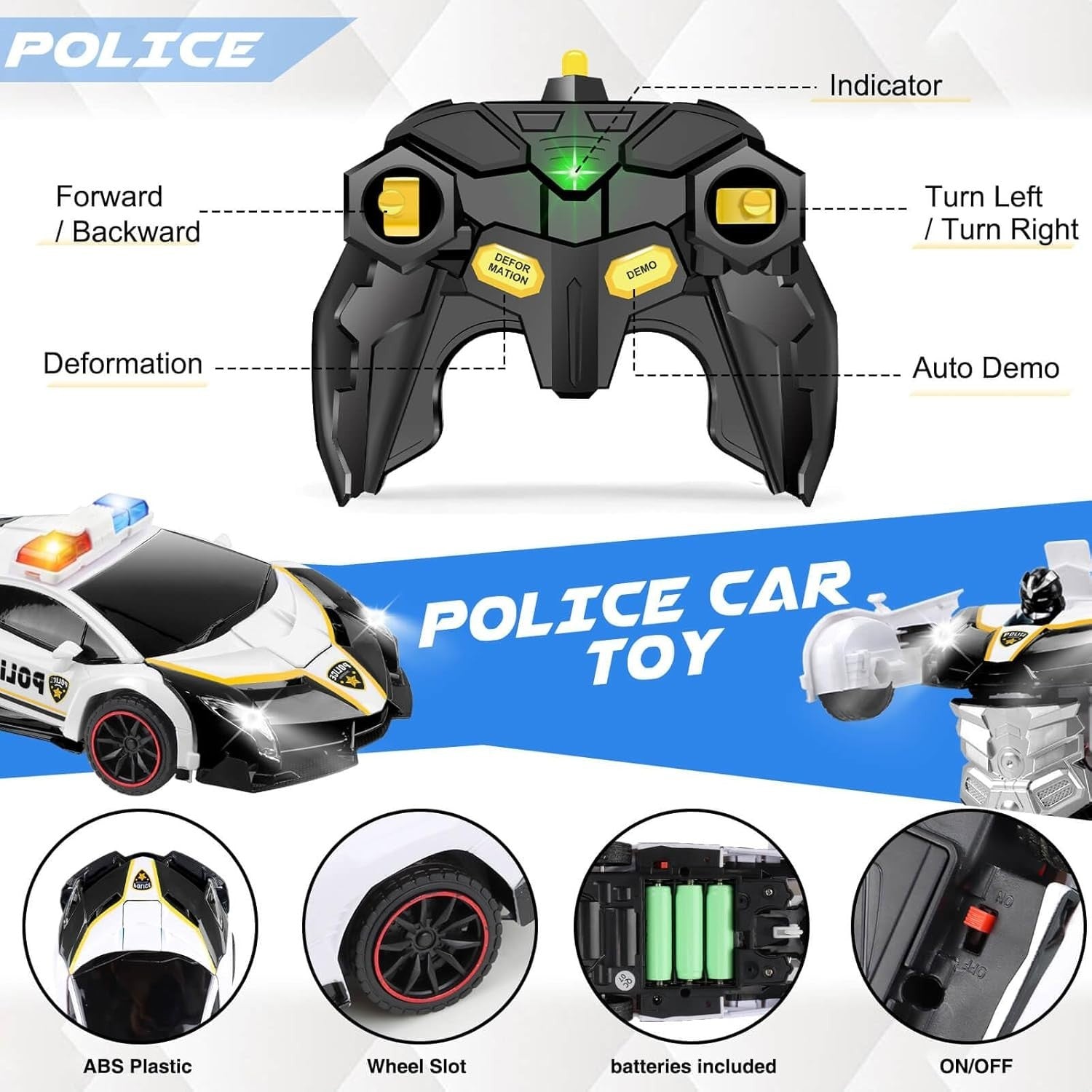 Transforming RC Police Car Robot Toy – Remote Control Car for Kids 3-8