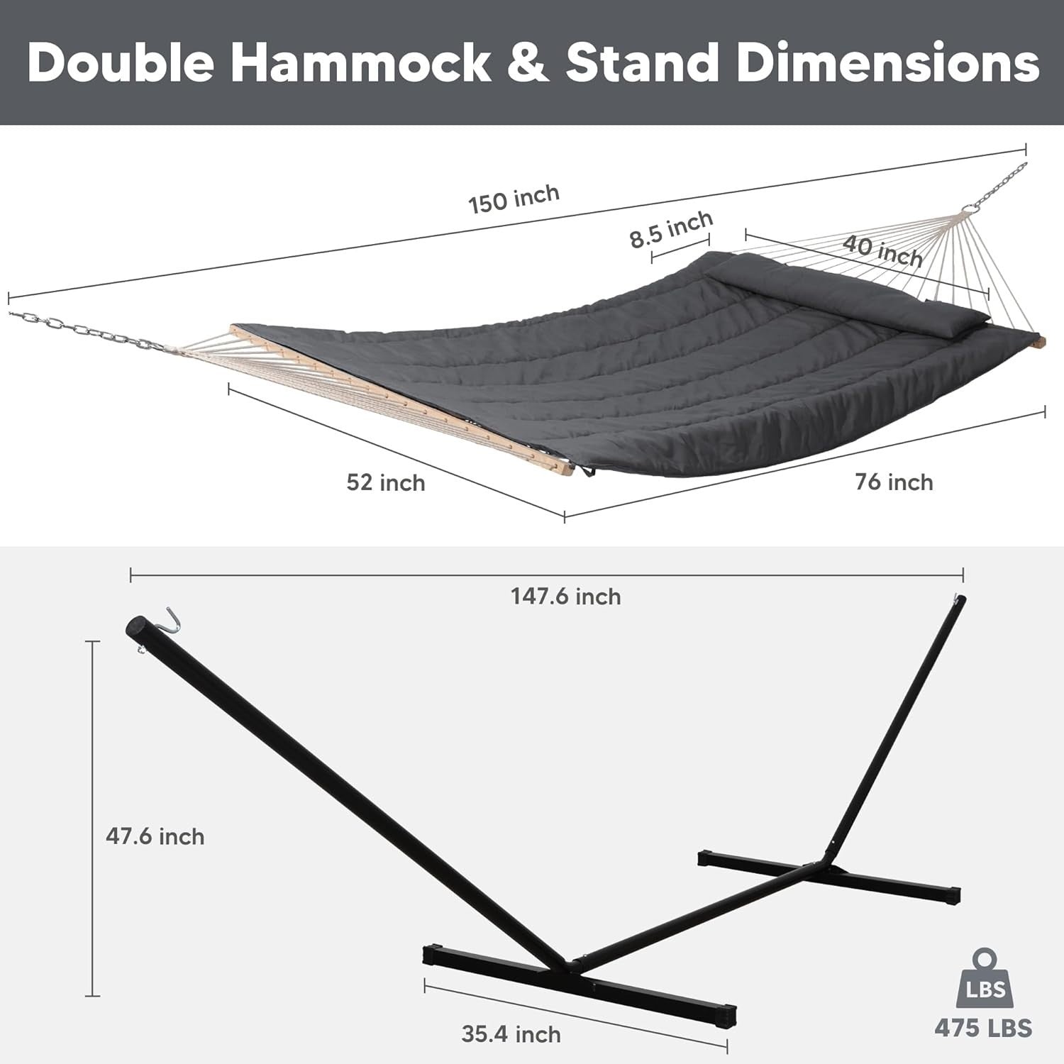 Luxury 2-Person Outdoor Hammock with Stand, Quilted Pad & Pillow – 475lbs