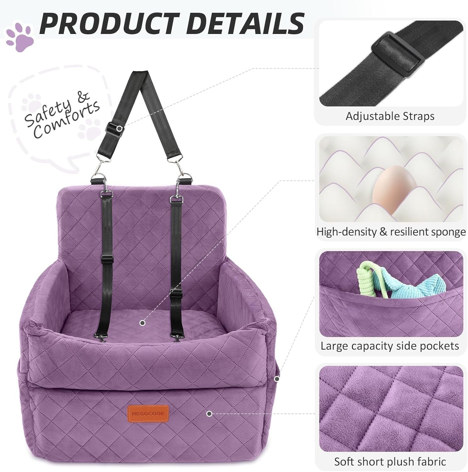 Purple Dog Booster Car Seat Memory Foam Travel Bed 2 Safety Belts