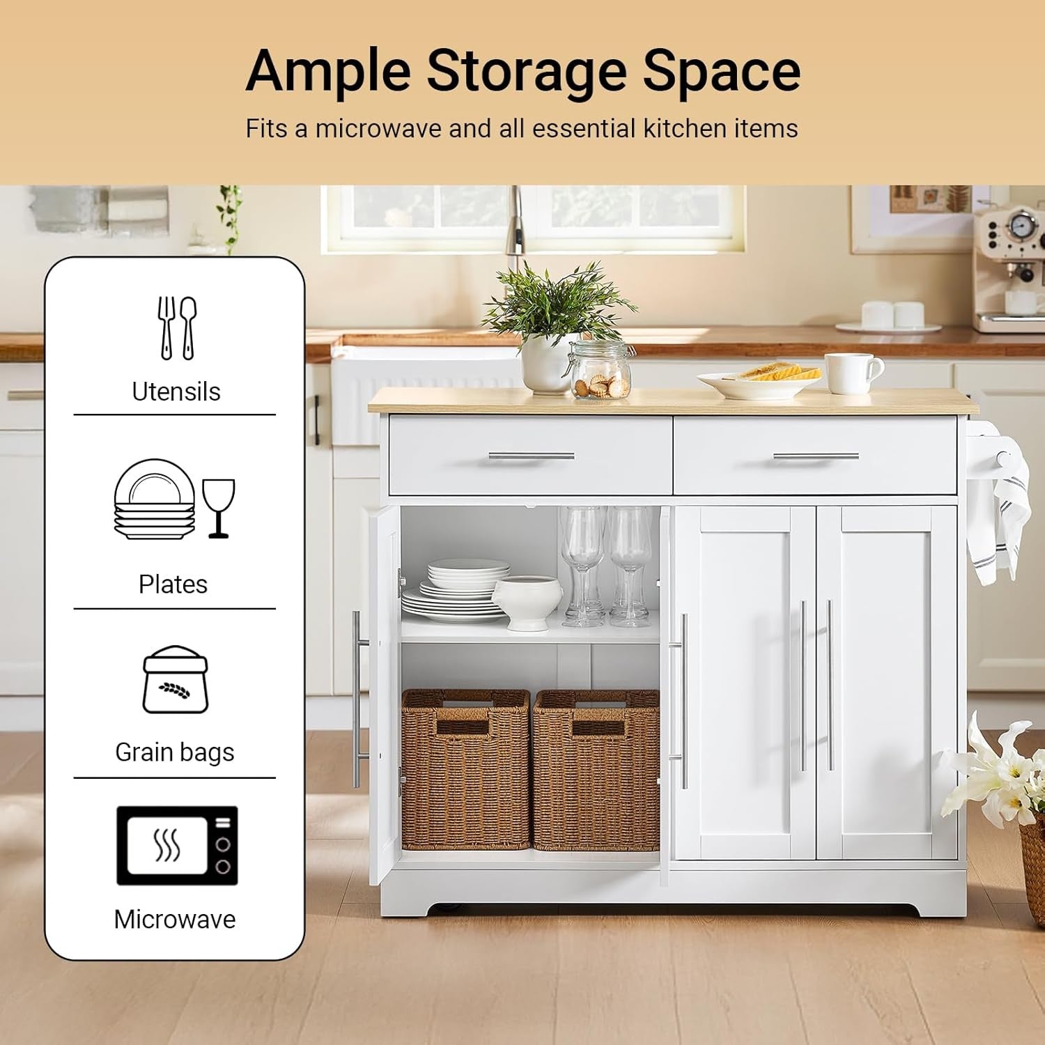 Large Kitchen Island on Wheels Extendable Wood Top Storage Cabinet Drawers