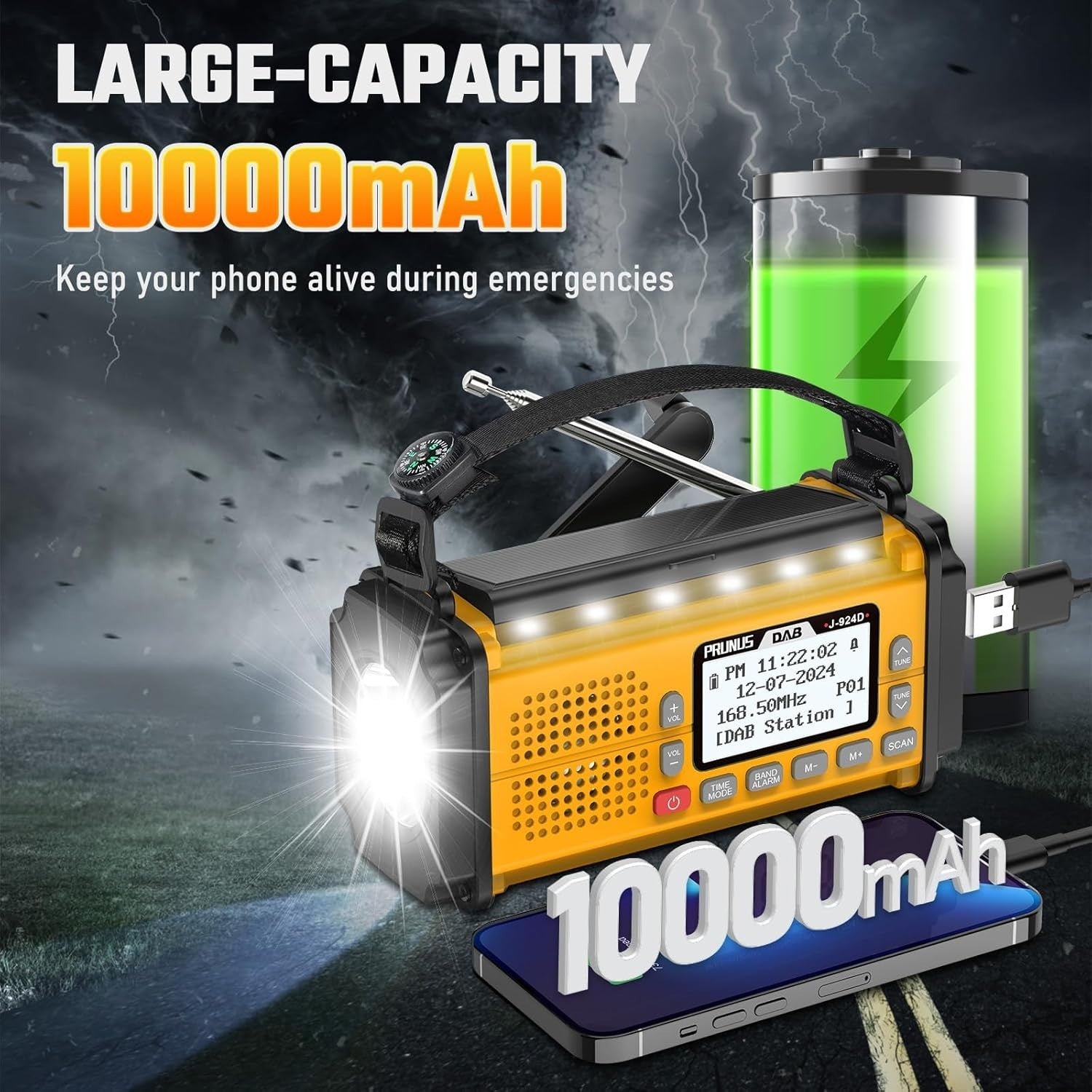 Emergency Wind-Up DAB/FM Radio with 10000mAh, Solar, Torch & SOS