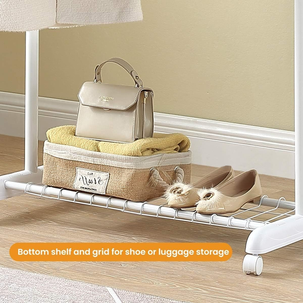 Heavy Duty Adjustable Clothes Rail with Wheels & Shelf – White