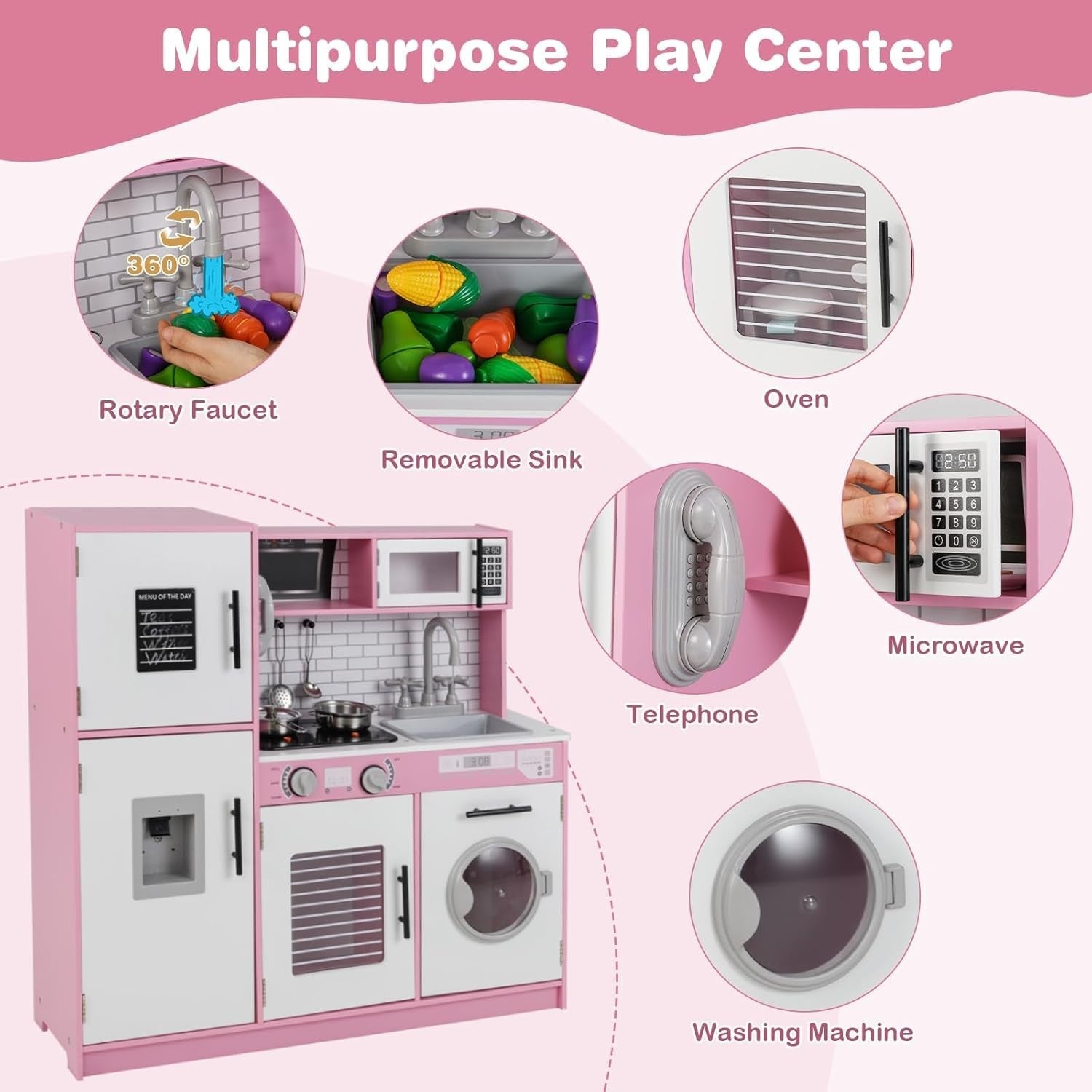 Kids Wooden Play Kitchen Set w/ Lights Sounds Oven Microwave Pink